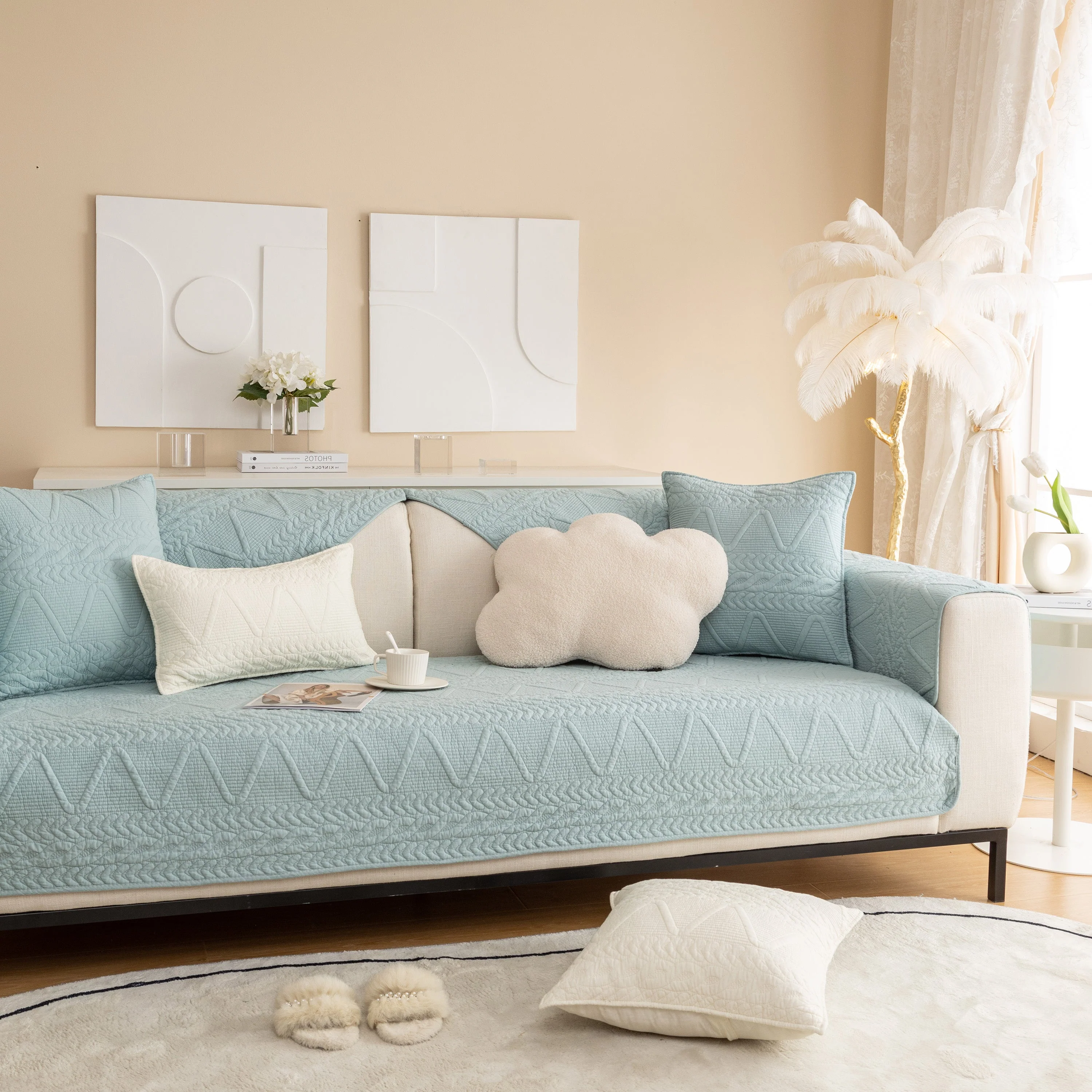 Geometric Textured Cotton Quilted Sofa Cover, Non-Slip Washable Couch Protector - Image 56