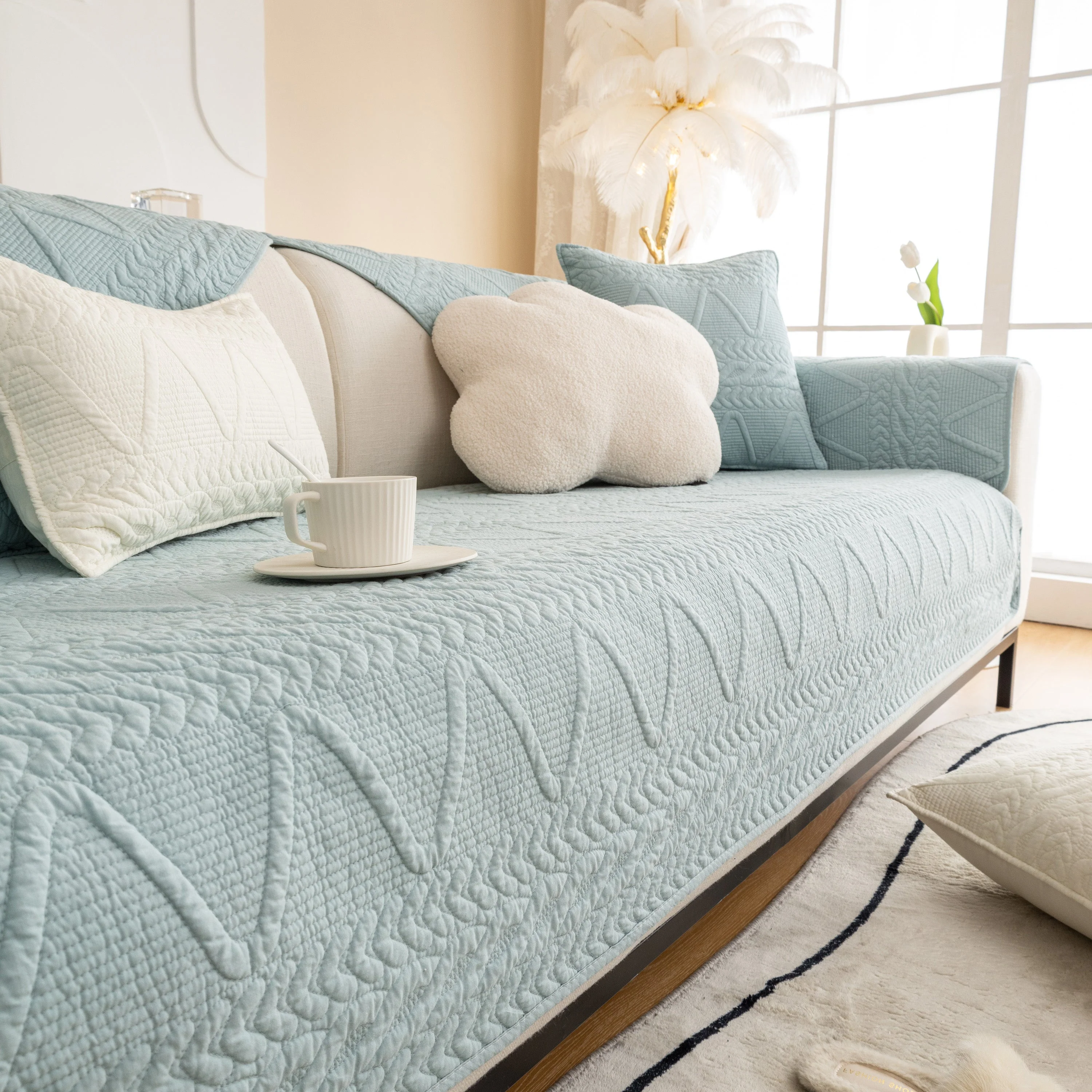 Geometric Textured Cotton Quilted Sofa Cover, Non-Slip Washable Couch Protector - Image 57