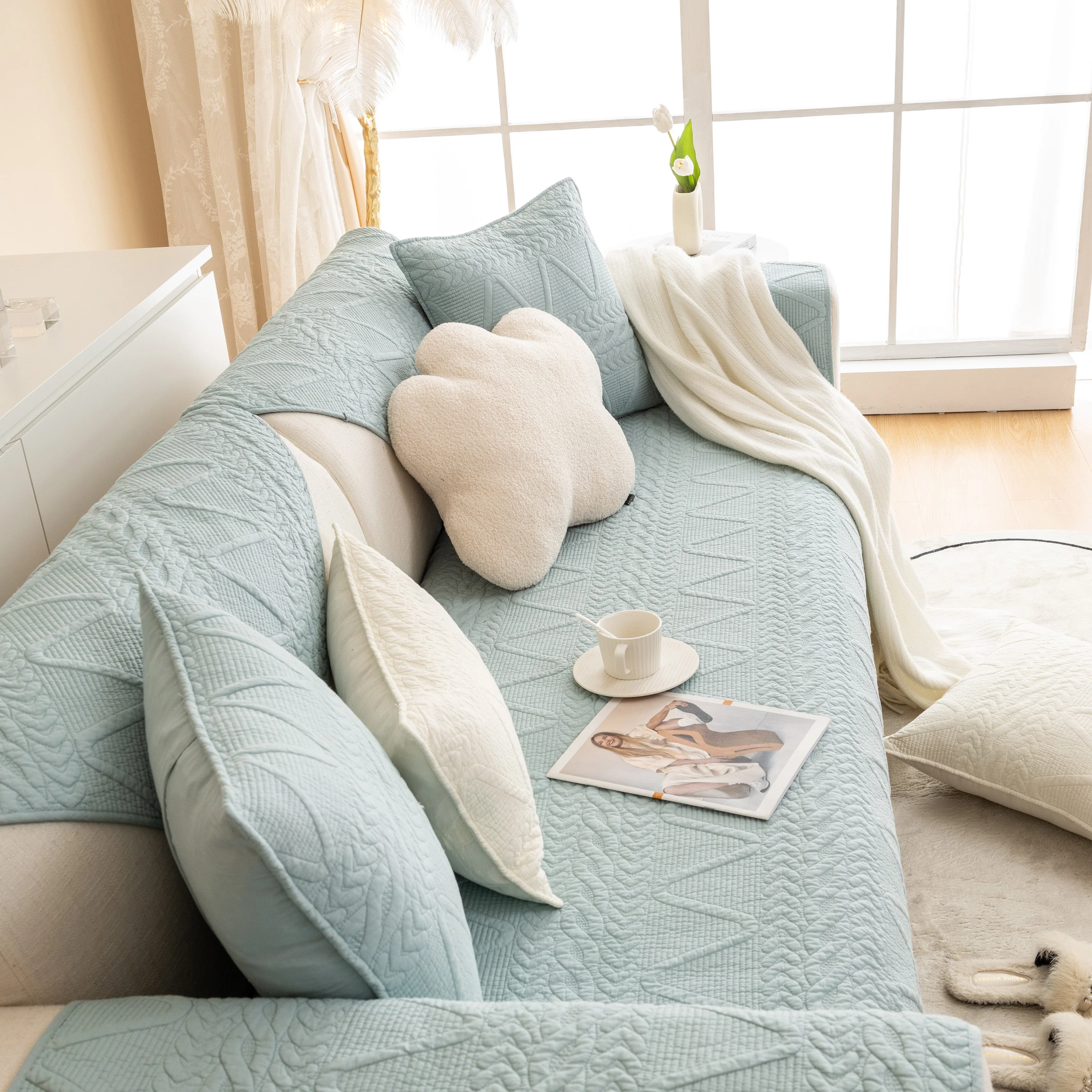Geometric Textured Cotton Quilted Sofa Cover, Non-Slip Washable Couch Protector - Image 59