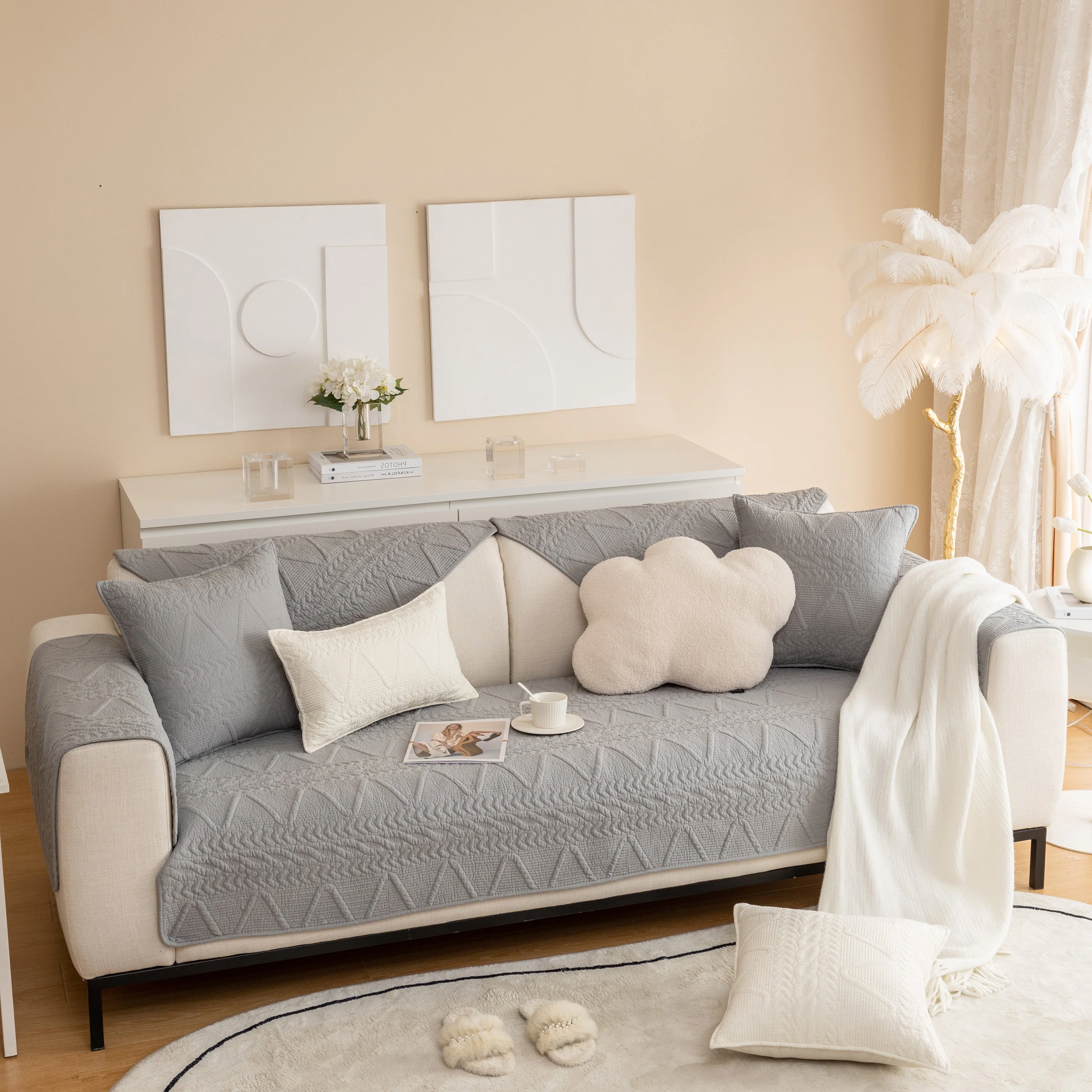 Geometric Textured Cotton Quilted Sofa Cover, Non-Slip Washable Couch Protector - Image 6