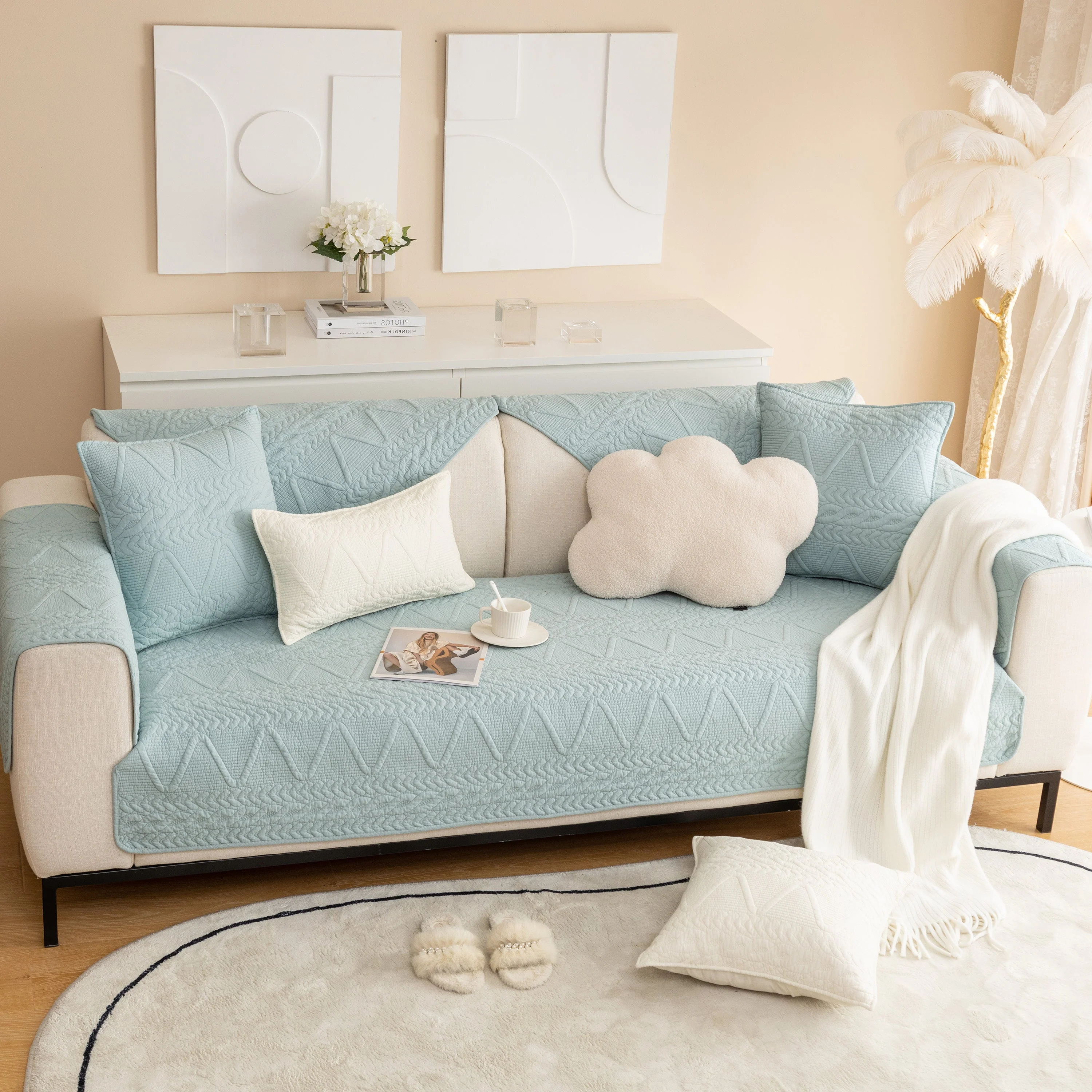 Geometric Textured Cotton Quilted Sofa Cover, Non-Slip Washable Couch Protector - Image 62