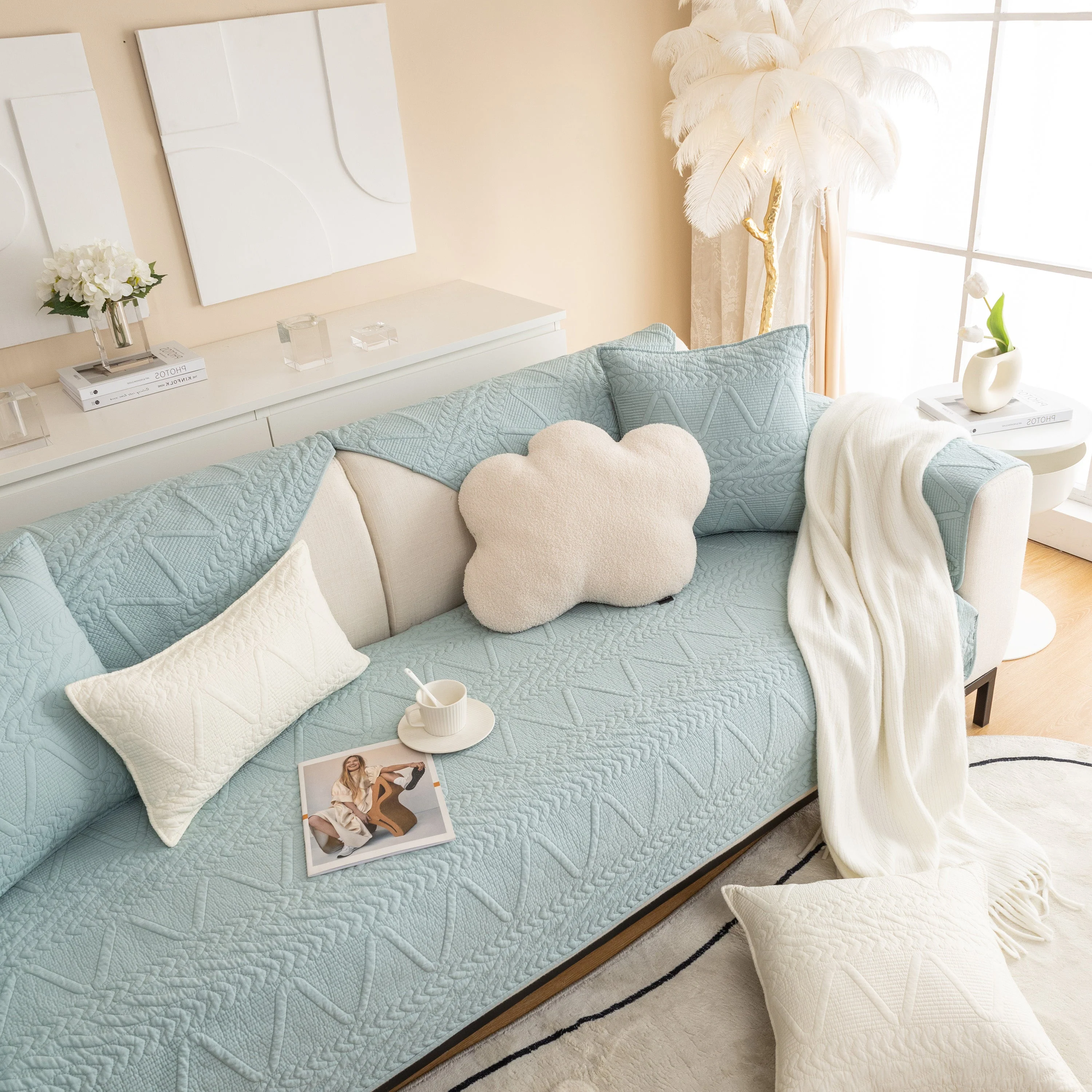 Geometric Textured Cotton Quilted Sofa Cover, Non-Slip Washable Couch Protector - Image 63