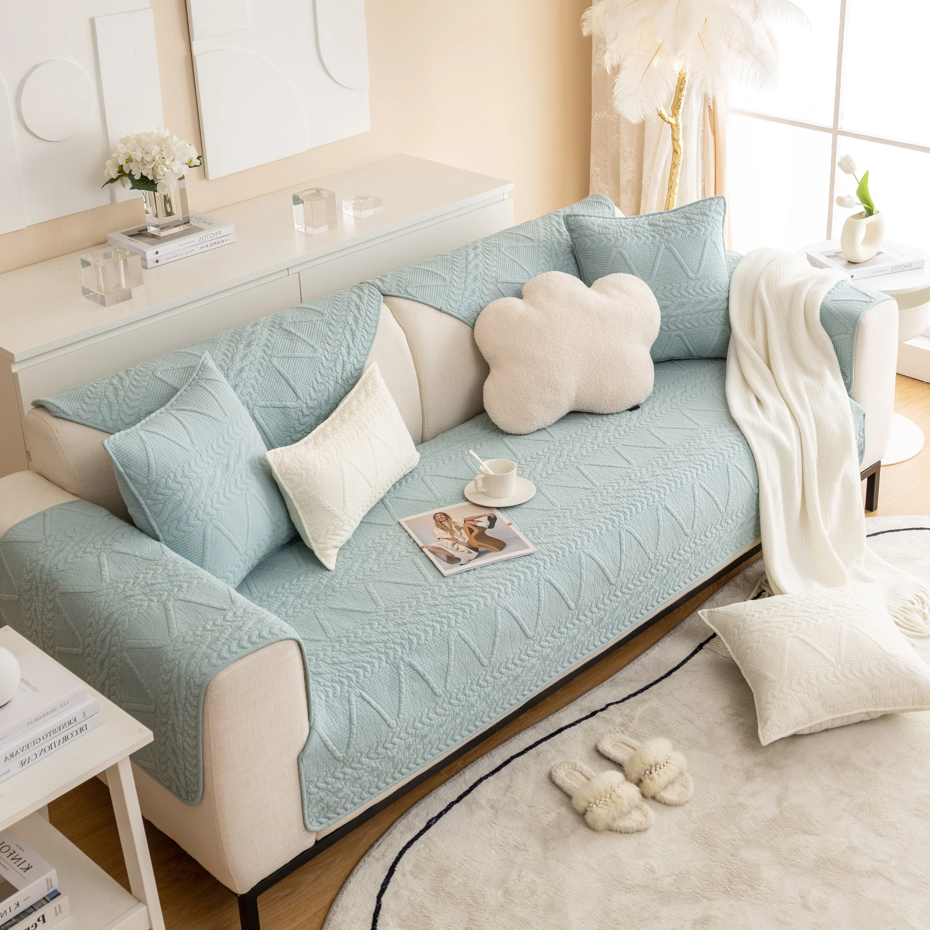 Geometric Textured Cotton Quilted Sofa Cover, Non-Slip Washable Couch Protector - Image 65