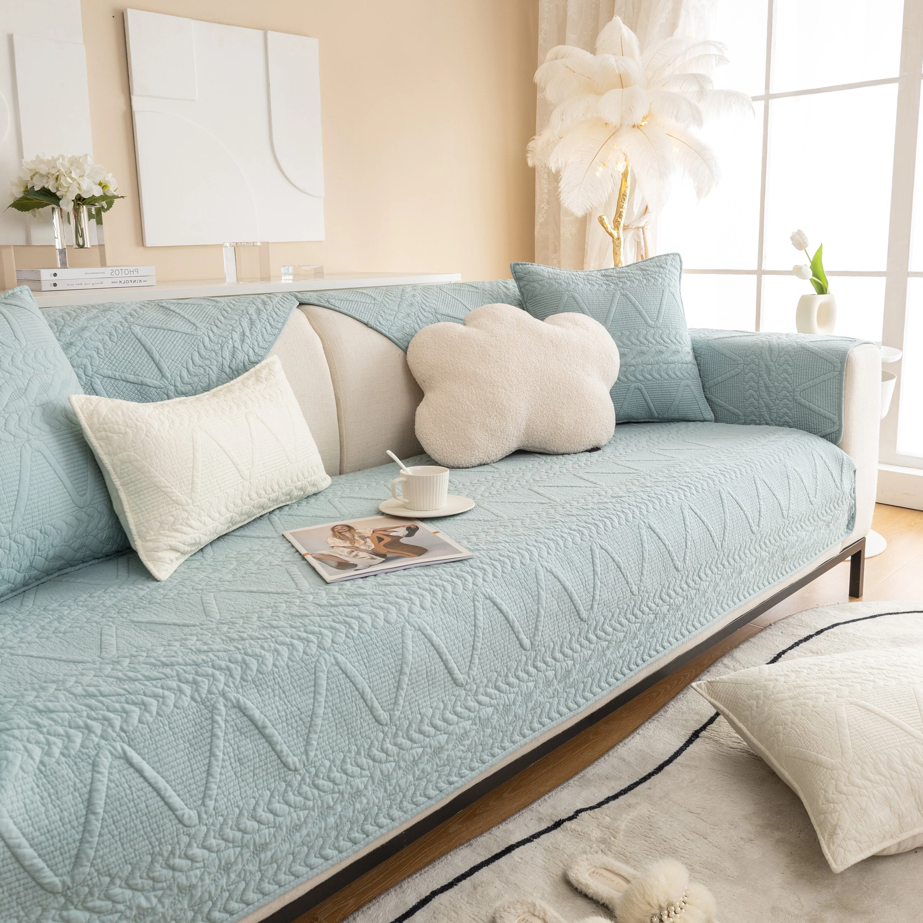 Geometric Textured Cotton Quilted Sofa Cover, Non-Slip Washable Couch Protector - Image 66