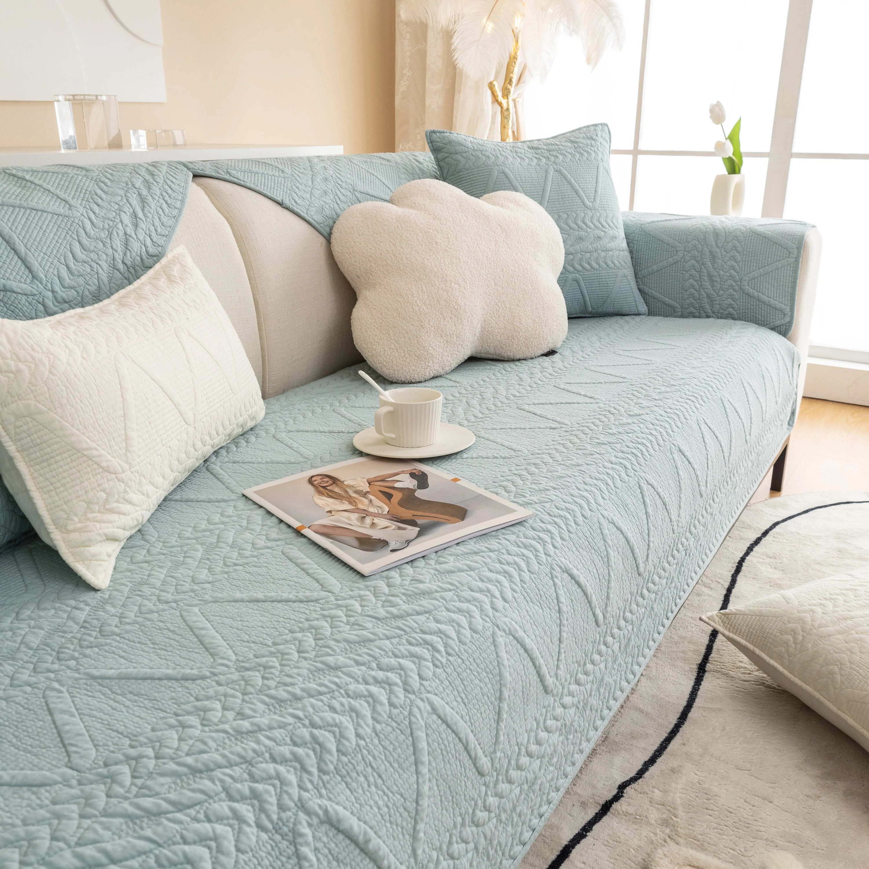 Geometric Textured Cotton Quilted Sofa Cover, Non-Slip Washable Couch Protector - Image 67