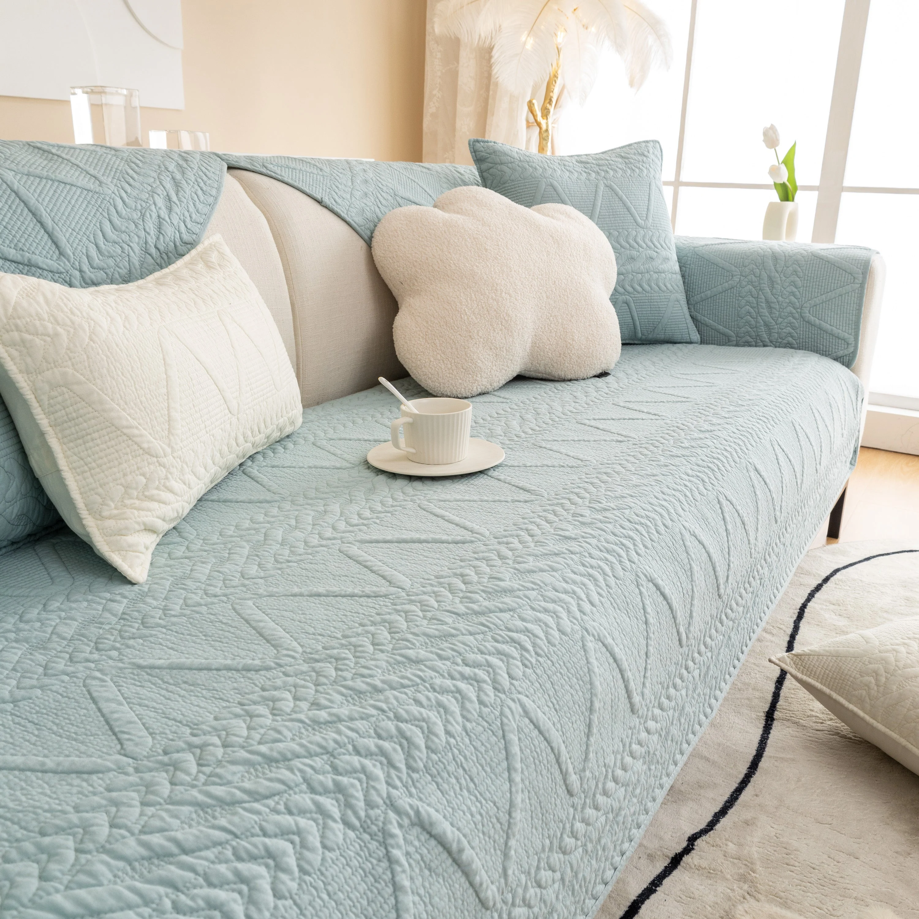 Geometric Textured Cotton Quilted Sofa Cover, Non-Slip Washable Couch Protector - Image 68