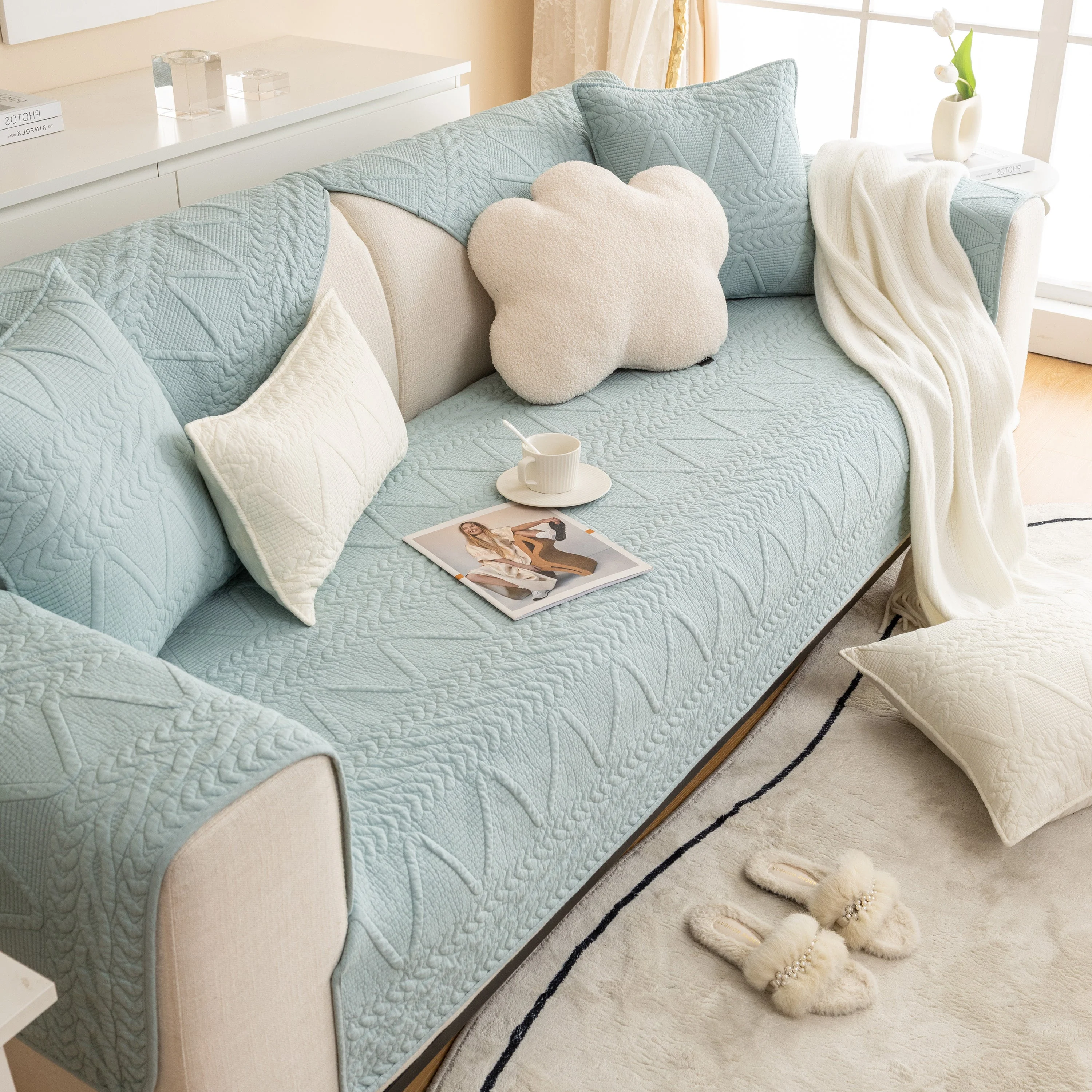 Geometric Textured Cotton Quilted Sofa Cover, Non-Slip Washable Couch Protector - Image 70