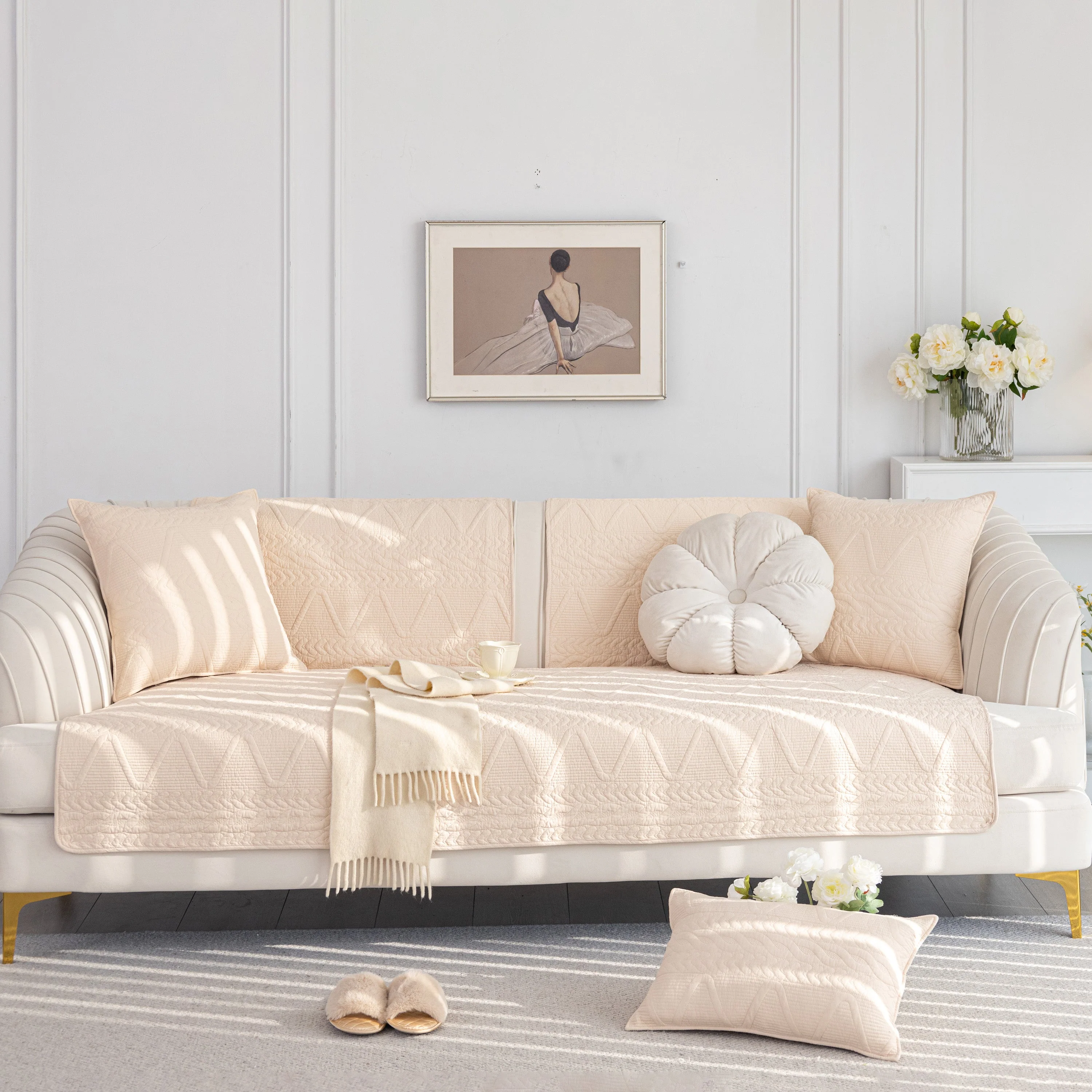 Geometric Textured Cotton Quilted Sofa Cover, Non-Slip Washable Couch Protector - Image 71
