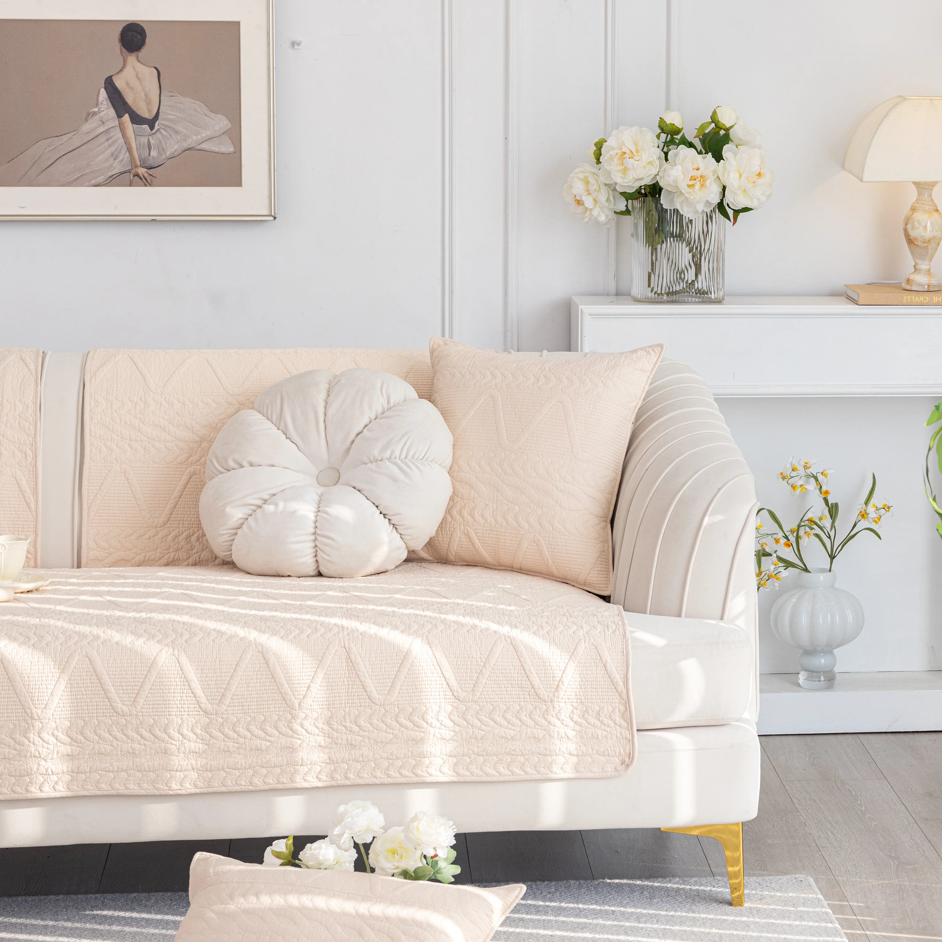 Geometric Textured Cotton Quilted Sofa Cover, Non-Slip Washable Couch Protector - Image 72