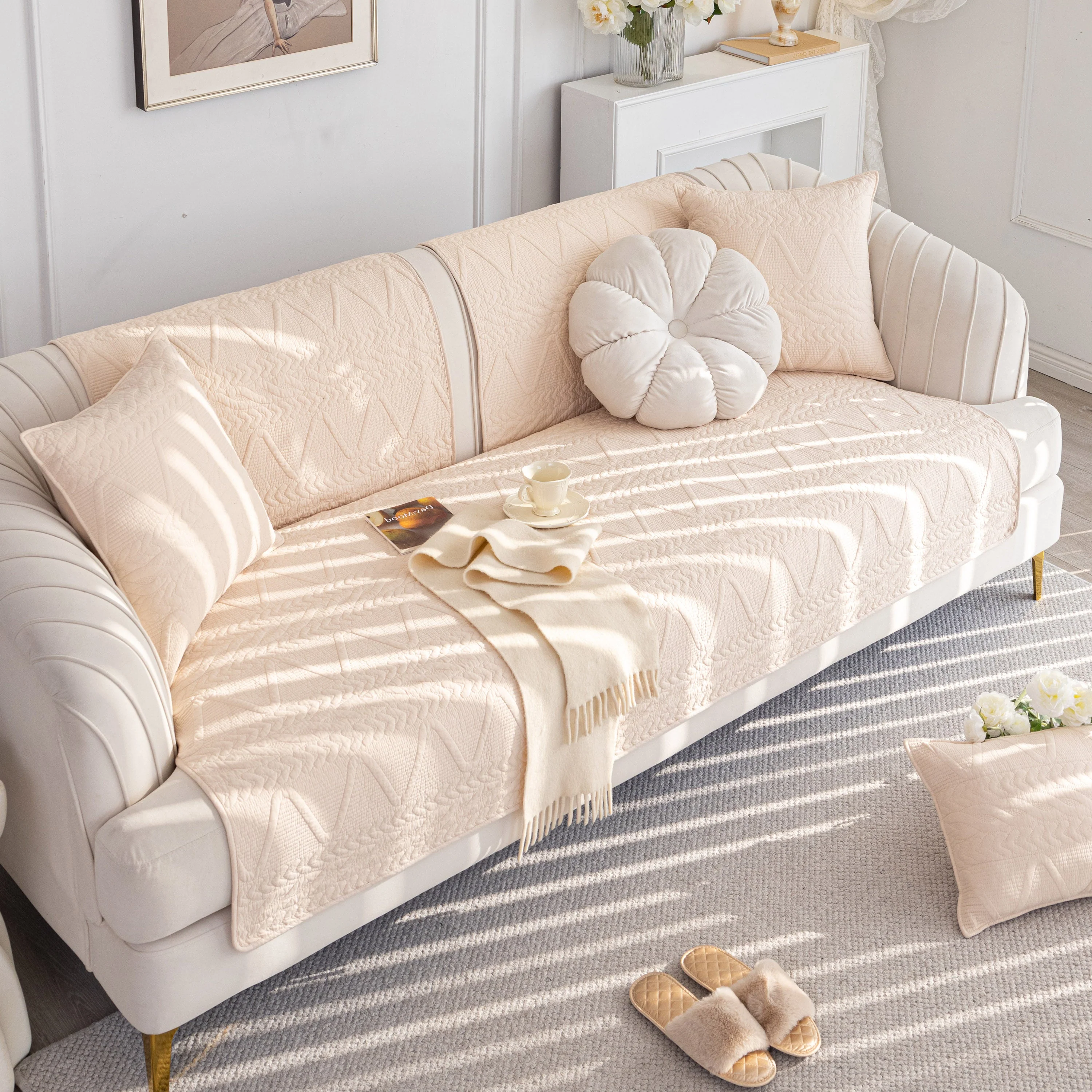 Geometric Textured Cotton Quilted Sofa Cover, Non-Slip Washable Couch Protector - Image 74