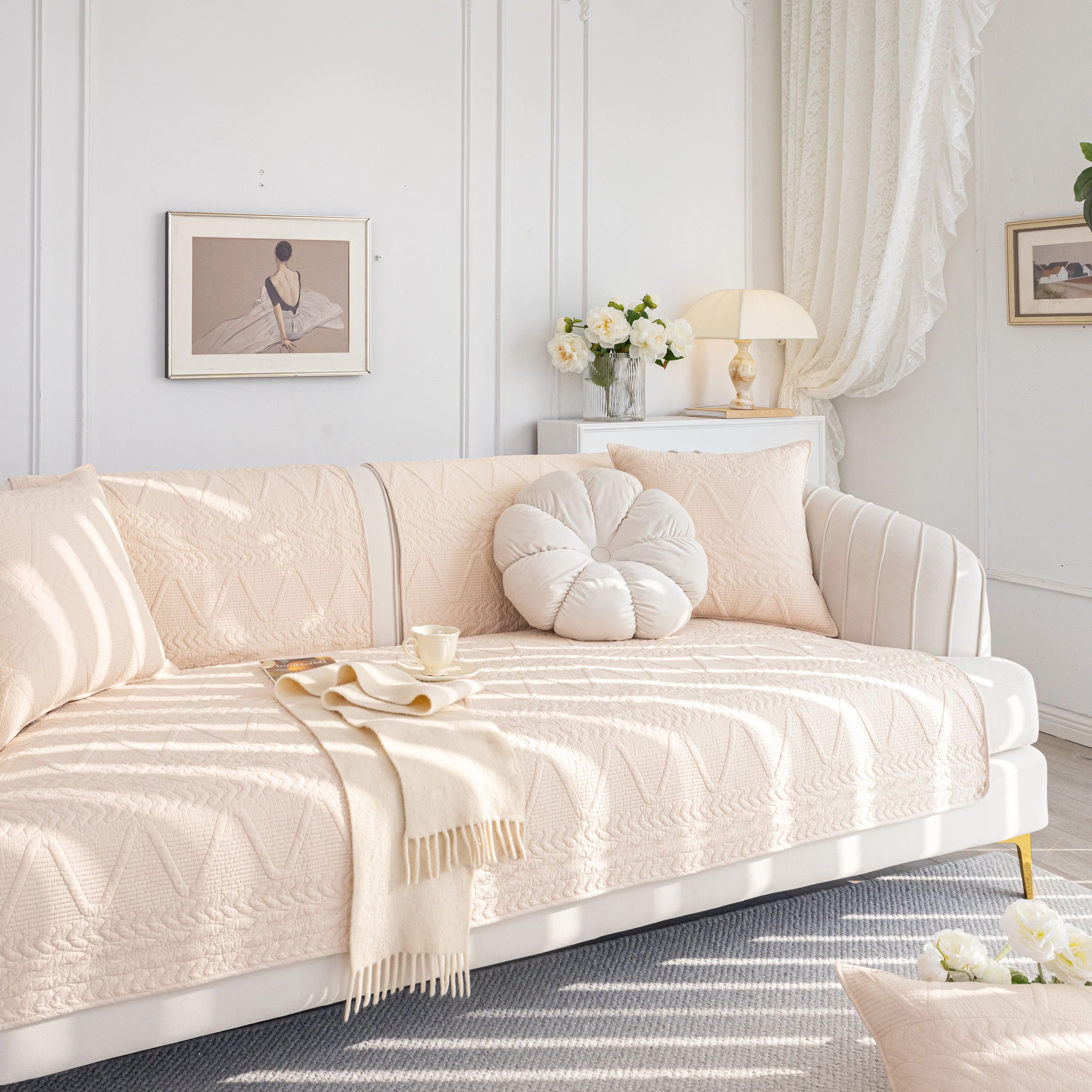 Geometric Textured Cotton Quilted Sofa Cover, Non-Slip Washable Couch Protector - Image 76
