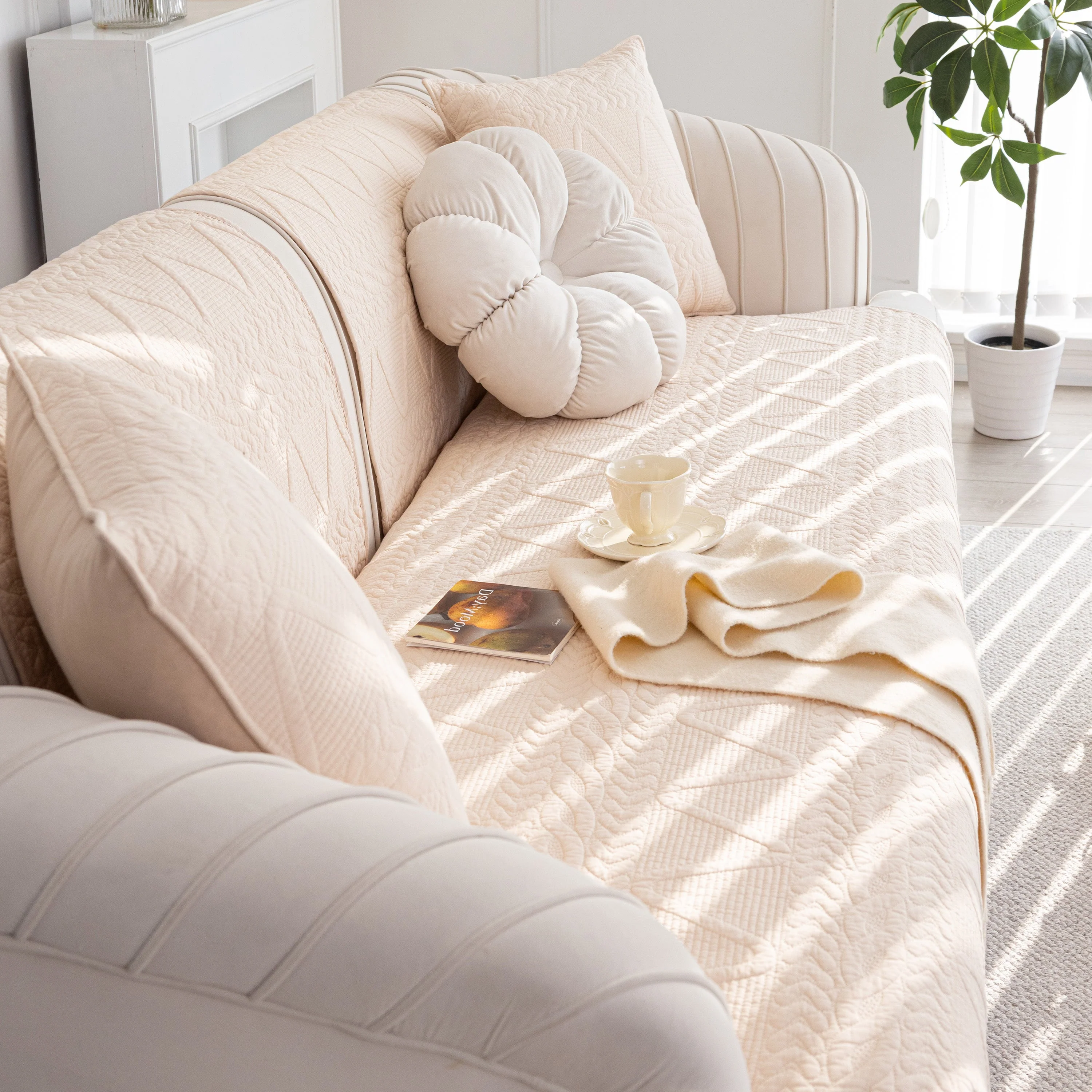 Geometric Textured Cotton Quilted Sofa Cover, Non-Slip Washable Couch Protector - Image 77