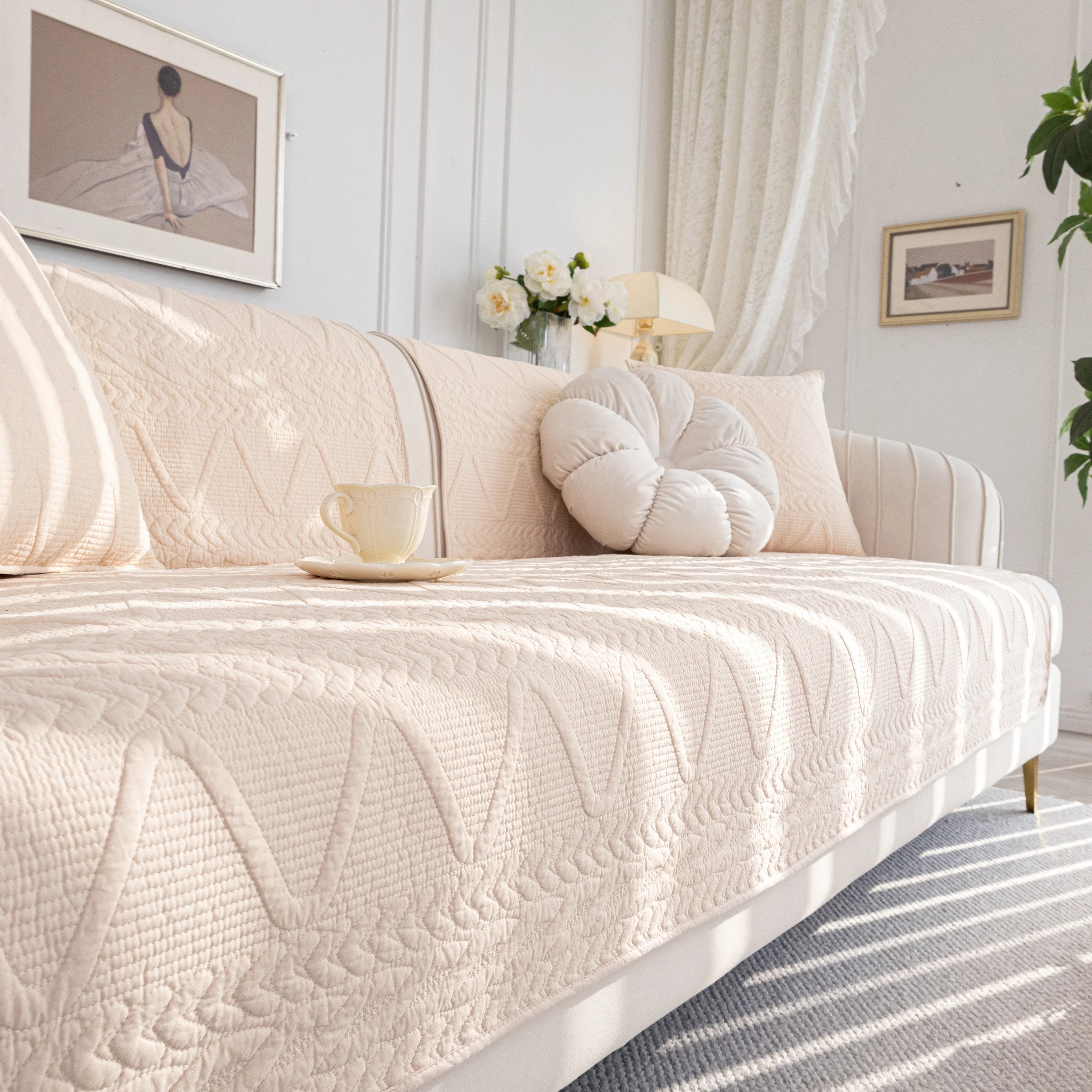 Geometric Textured Cotton Quilted Sofa Cover, Non-Slip Washable Couch Protector - Image 78