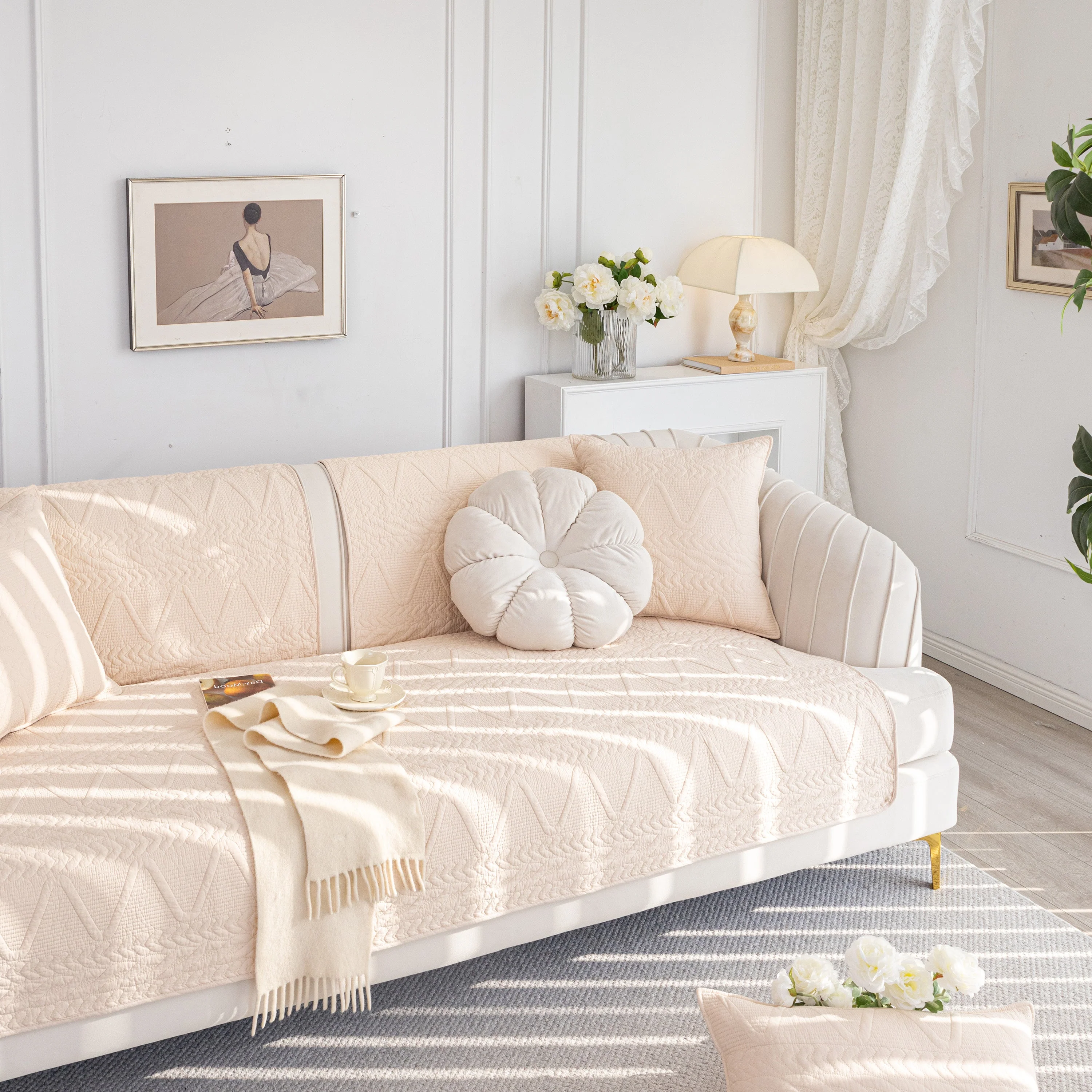 Geometric Textured Cotton Quilted Sofa Cover, Non-Slip Washable Couch Protector - Image 79