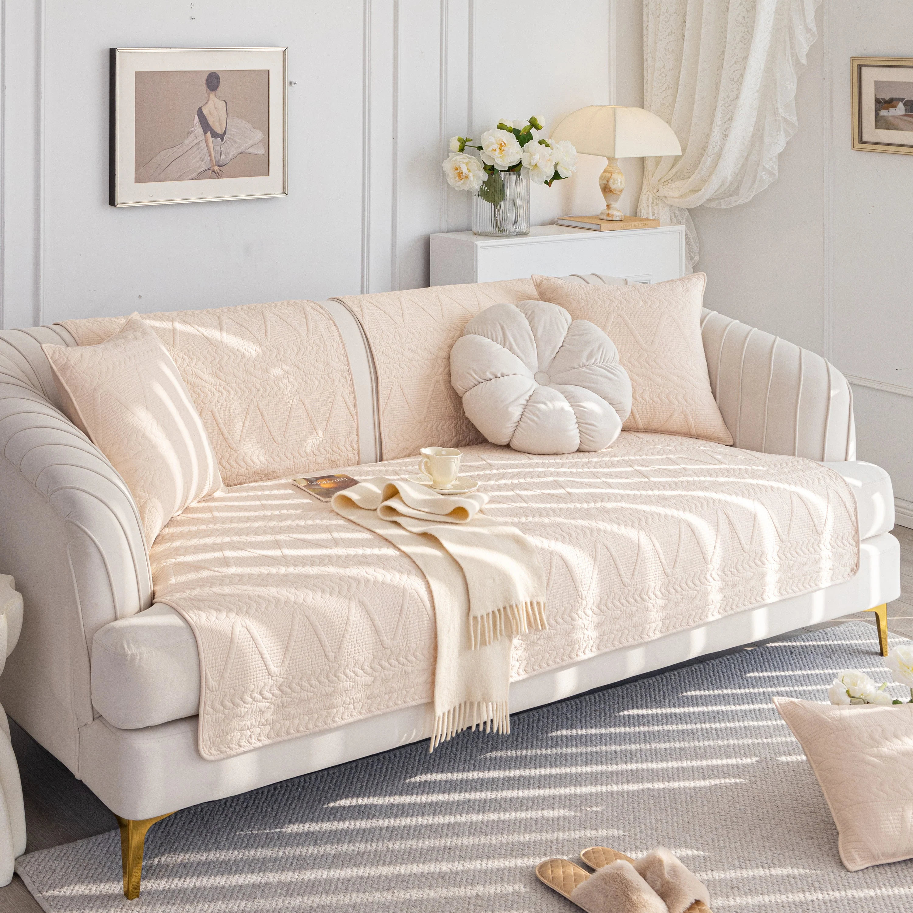 Geometric Textured Cotton Quilted Sofa Cover, Non-Slip Washable Couch Protector - Image 80