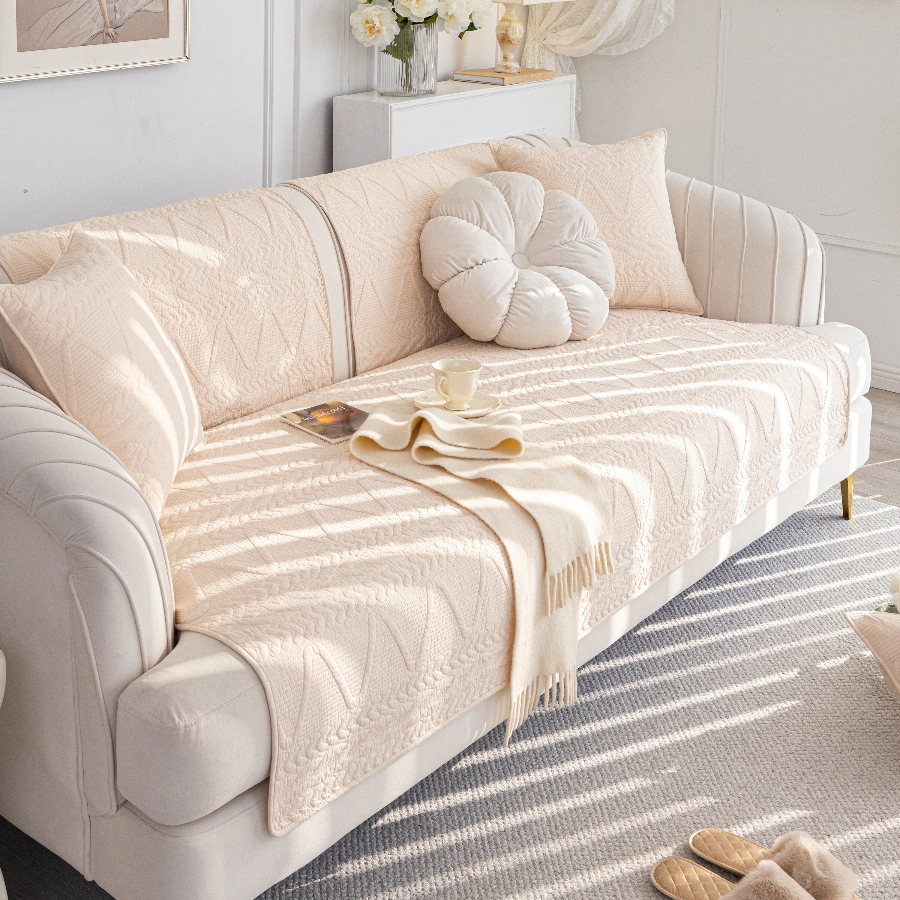 Geometric Textured Cotton Quilted Sofa Cover, Non-Slip Washable Couch Protector - Image 81