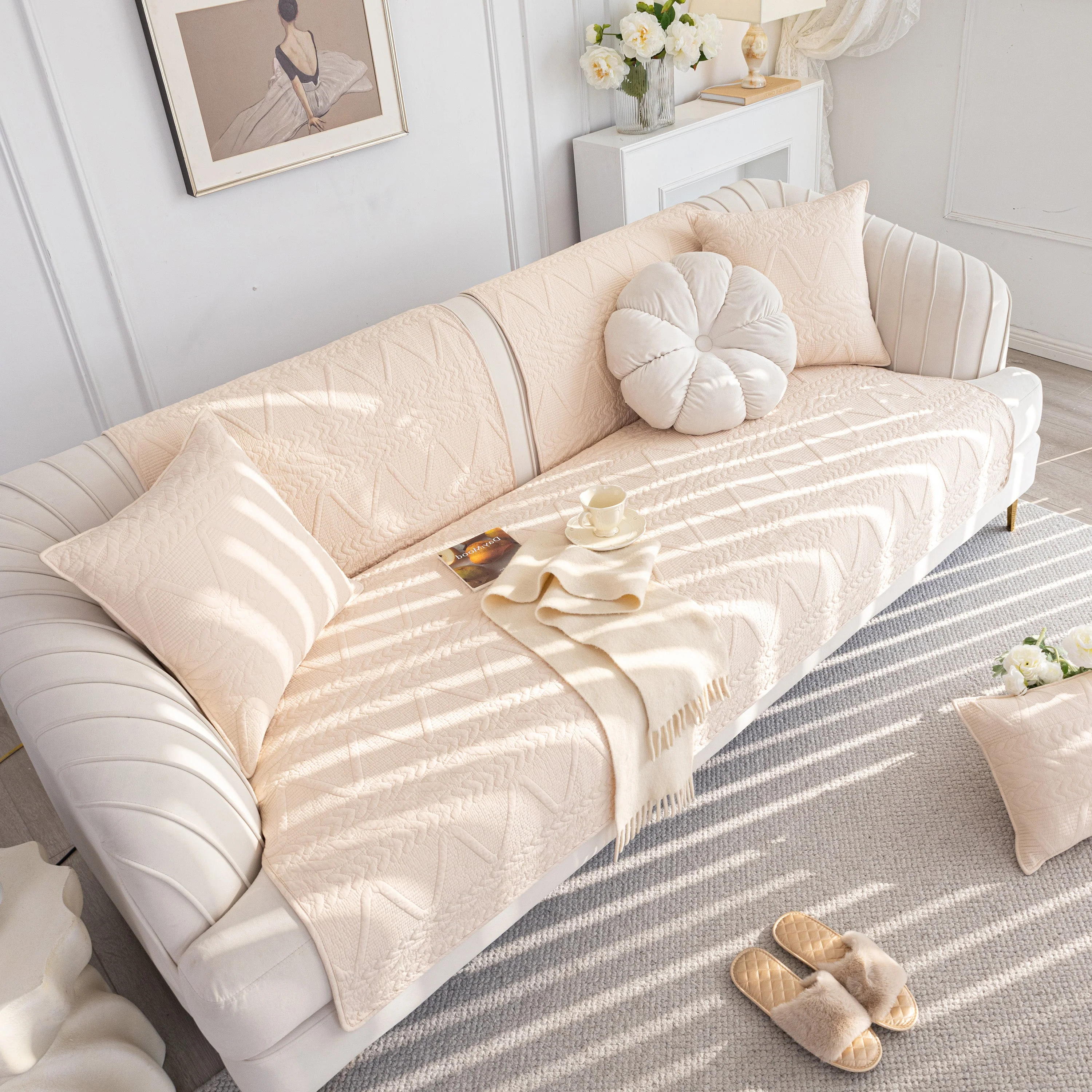 Geometric Textured Cotton Quilted Sofa Cover, Non-Slip Washable Couch Protector - Image 82