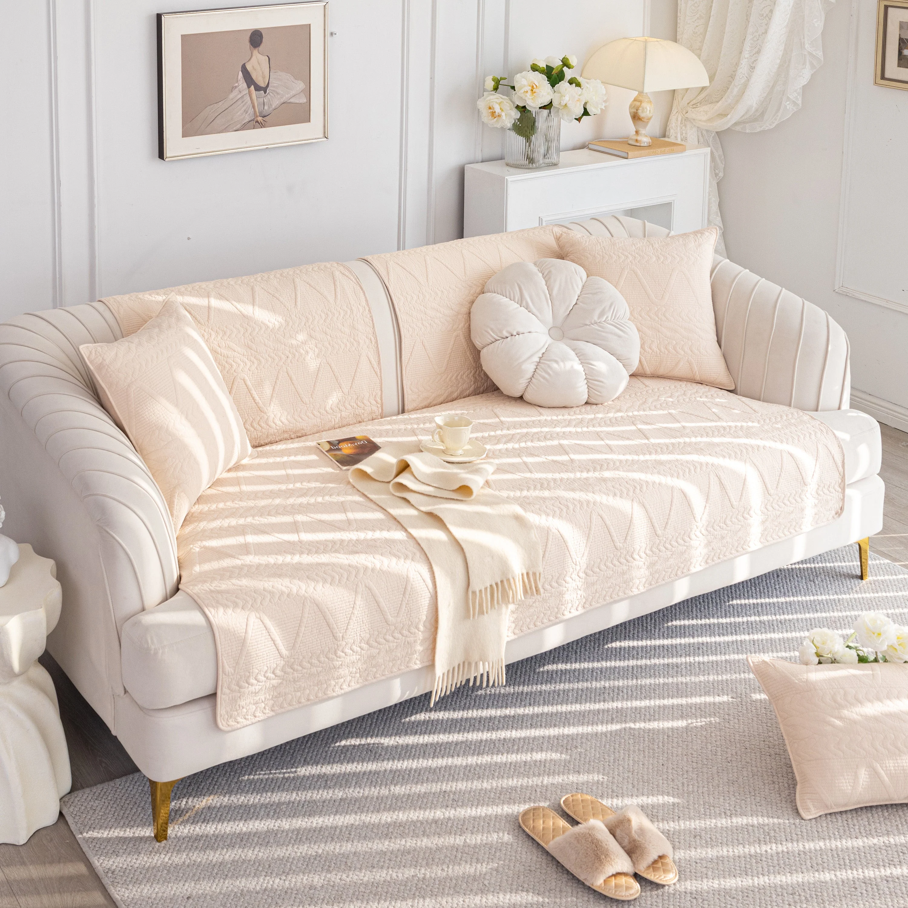 Geometric Textured Cotton Quilted Sofa Cover, Non-Slip Washable Couch Protector - Image 83