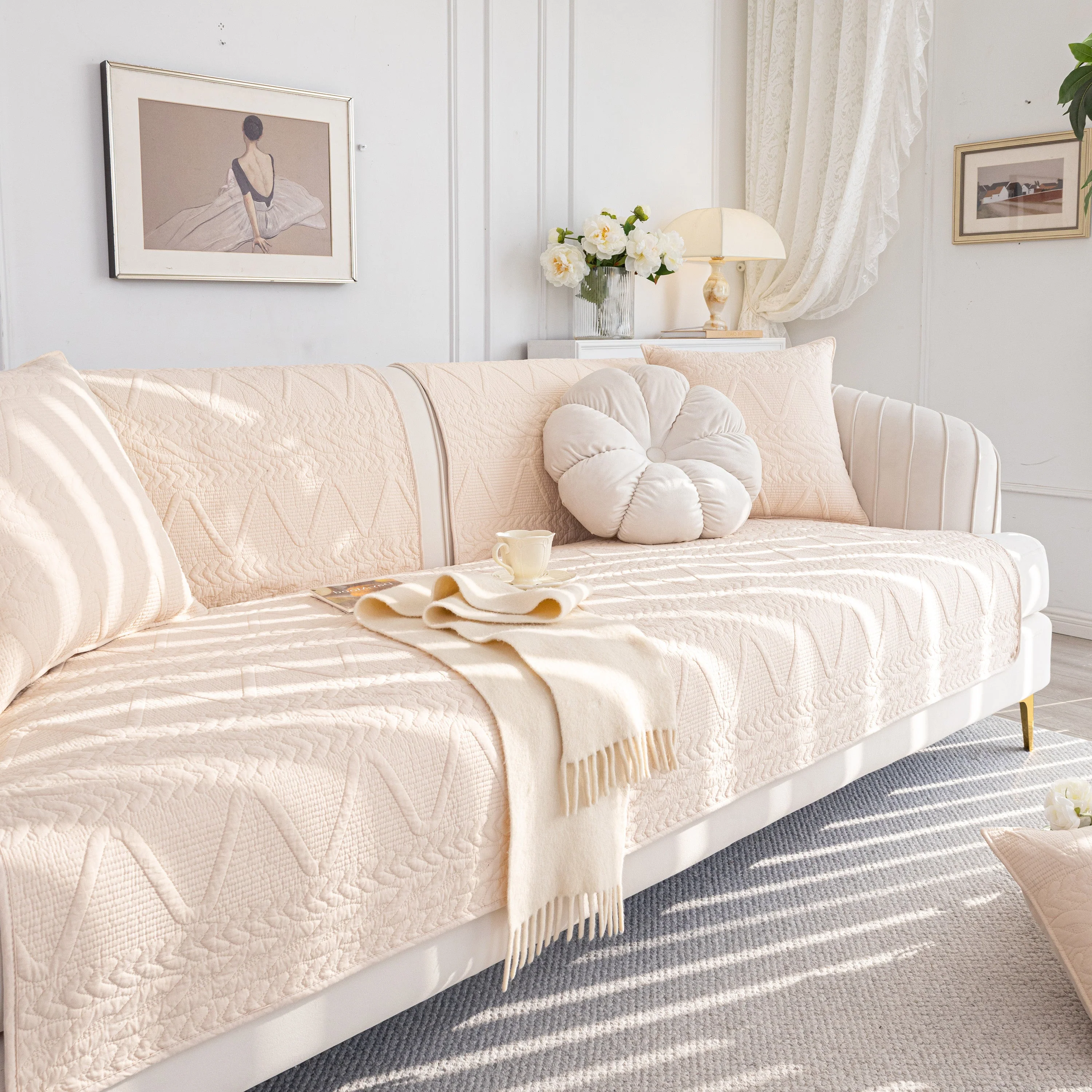 Geometric Textured Cotton Quilted Sofa Cover, Non-Slip Washable Couch Protector - Image 84