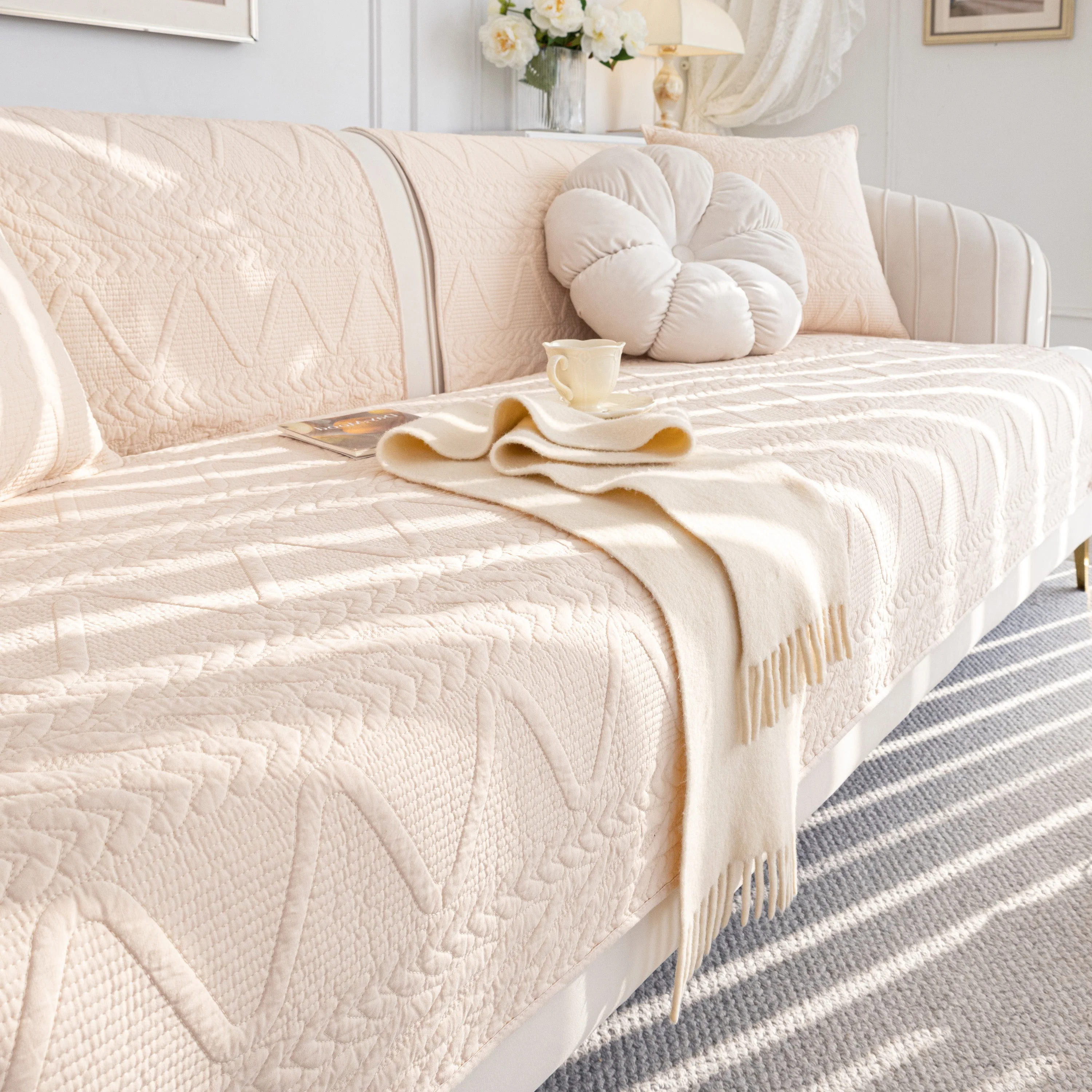 Geometric Textured Cotton Quilted Sofa Cover, Non-Slip Washable Couch Protector - Image 85