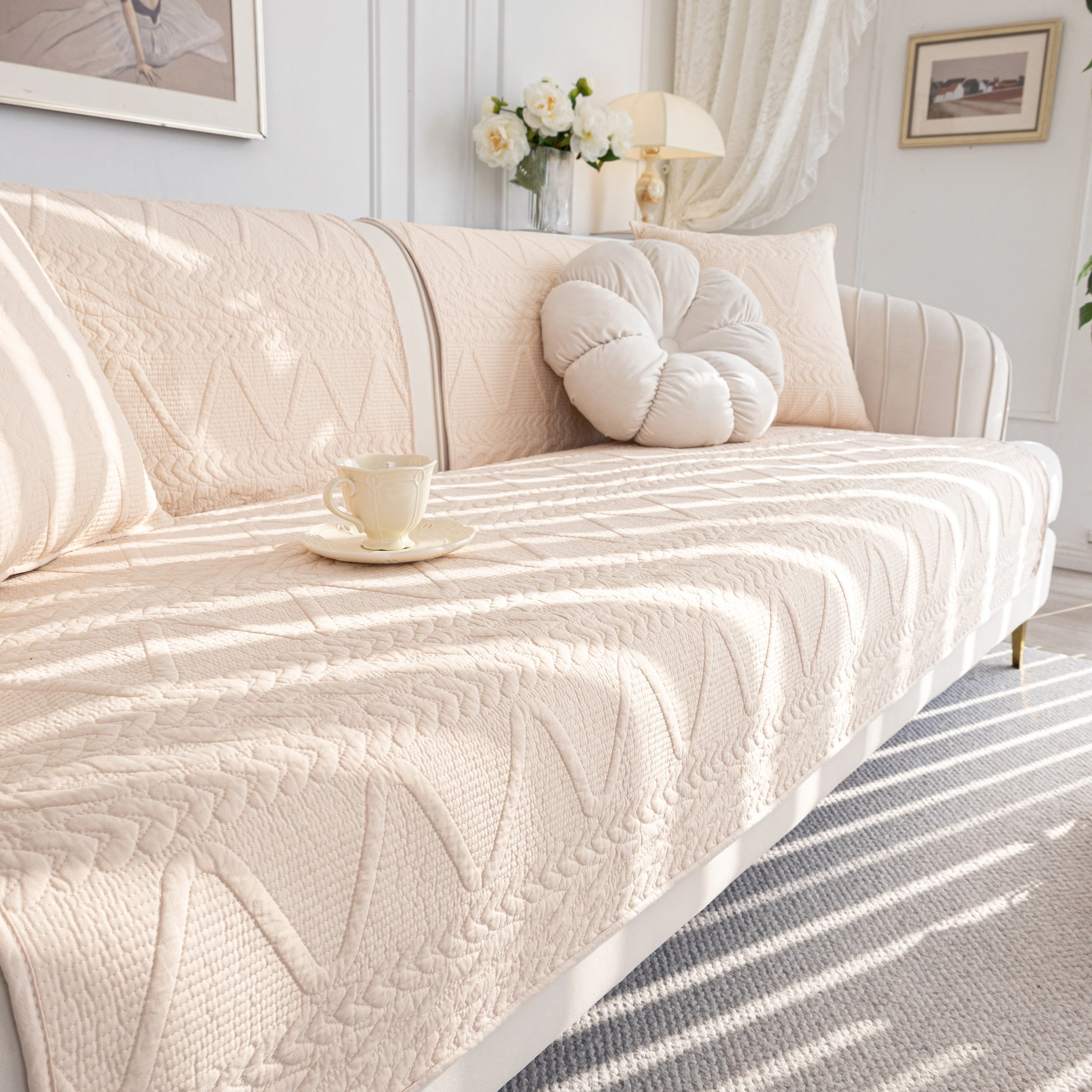 Geometric Textured Cotton Quilted Sofa Cover, Non-Slip Washable Couch Protector - Image 86