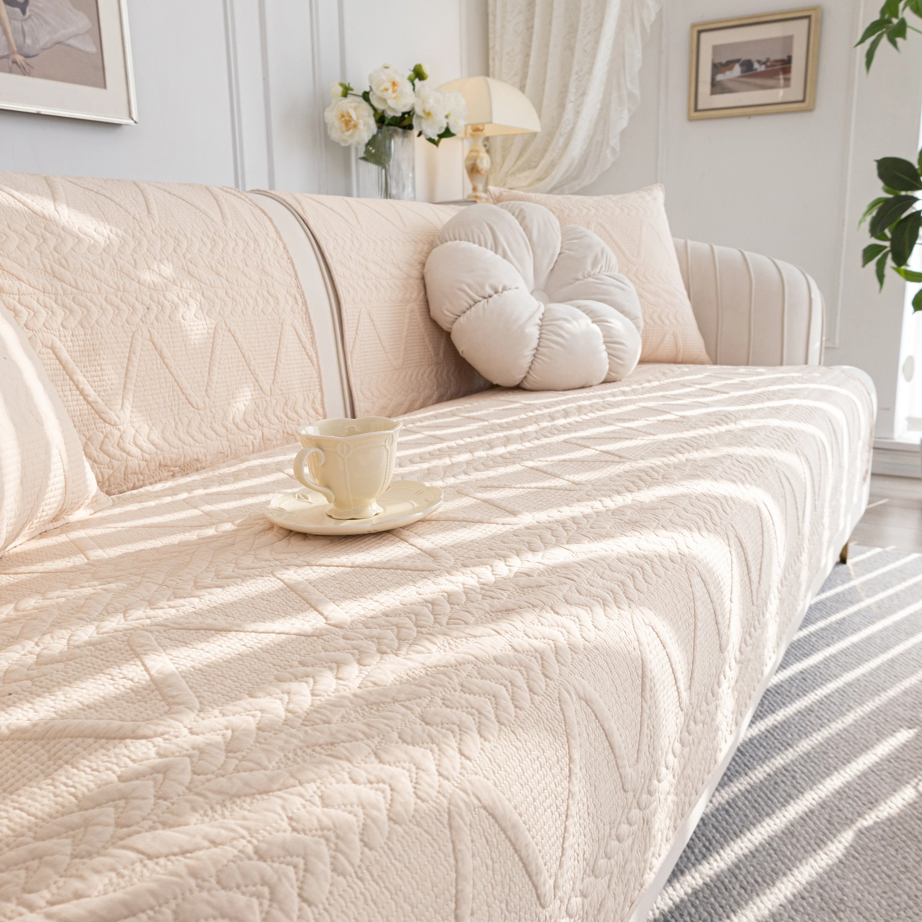 Geometric Textured Cotton Quilted Sofa Cover, Non-Slip Washable Couch Protector - Image 87