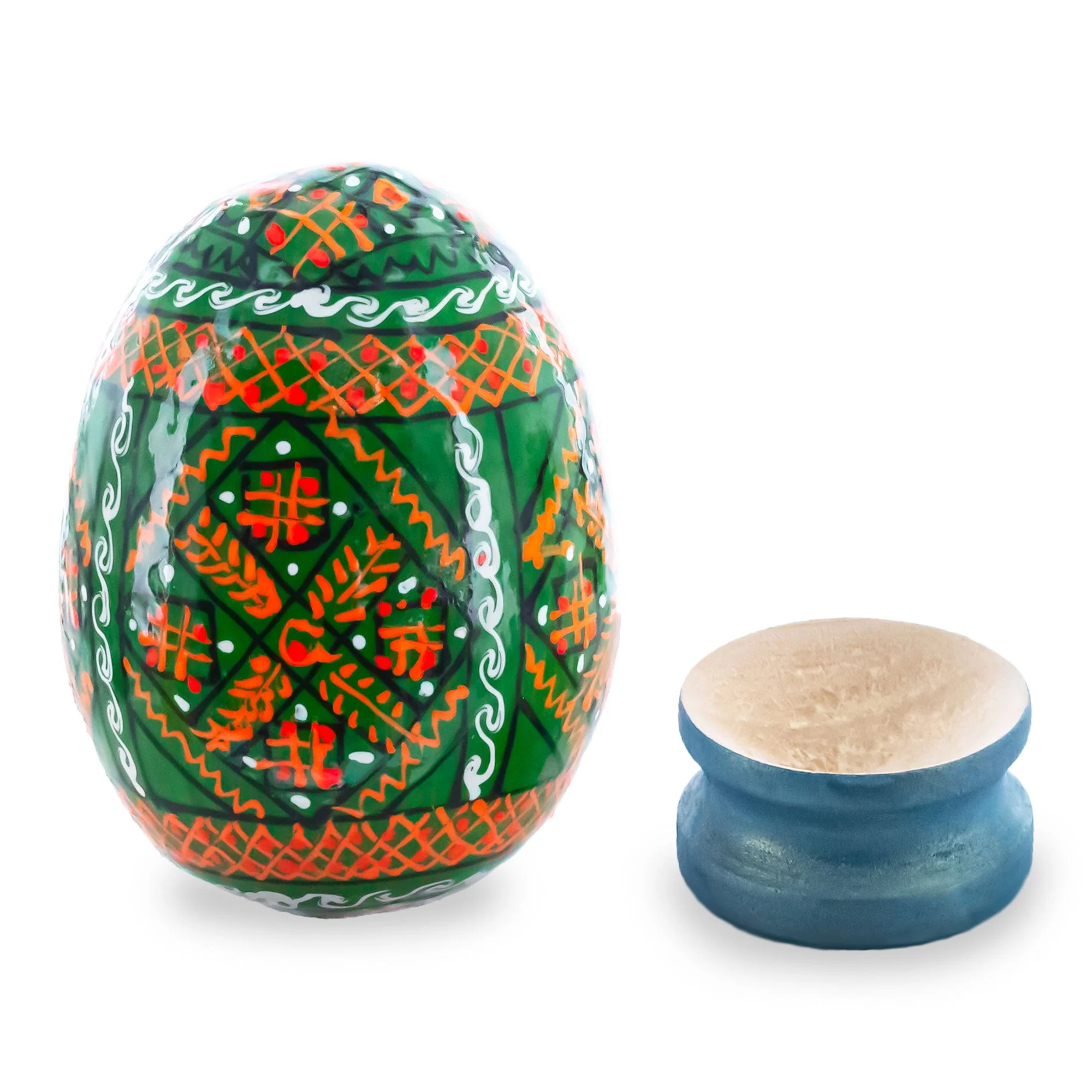 Geometrical Green Ukrainian Wooden Easter Egg Pysanka on a Stand 3 Inches - Image 3