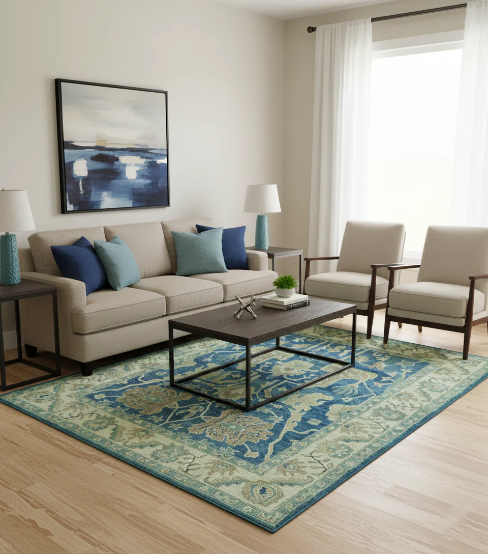 Georgia Custom Made Traditional Blue And Beige Hand Tufted Wool Rug - Image 2