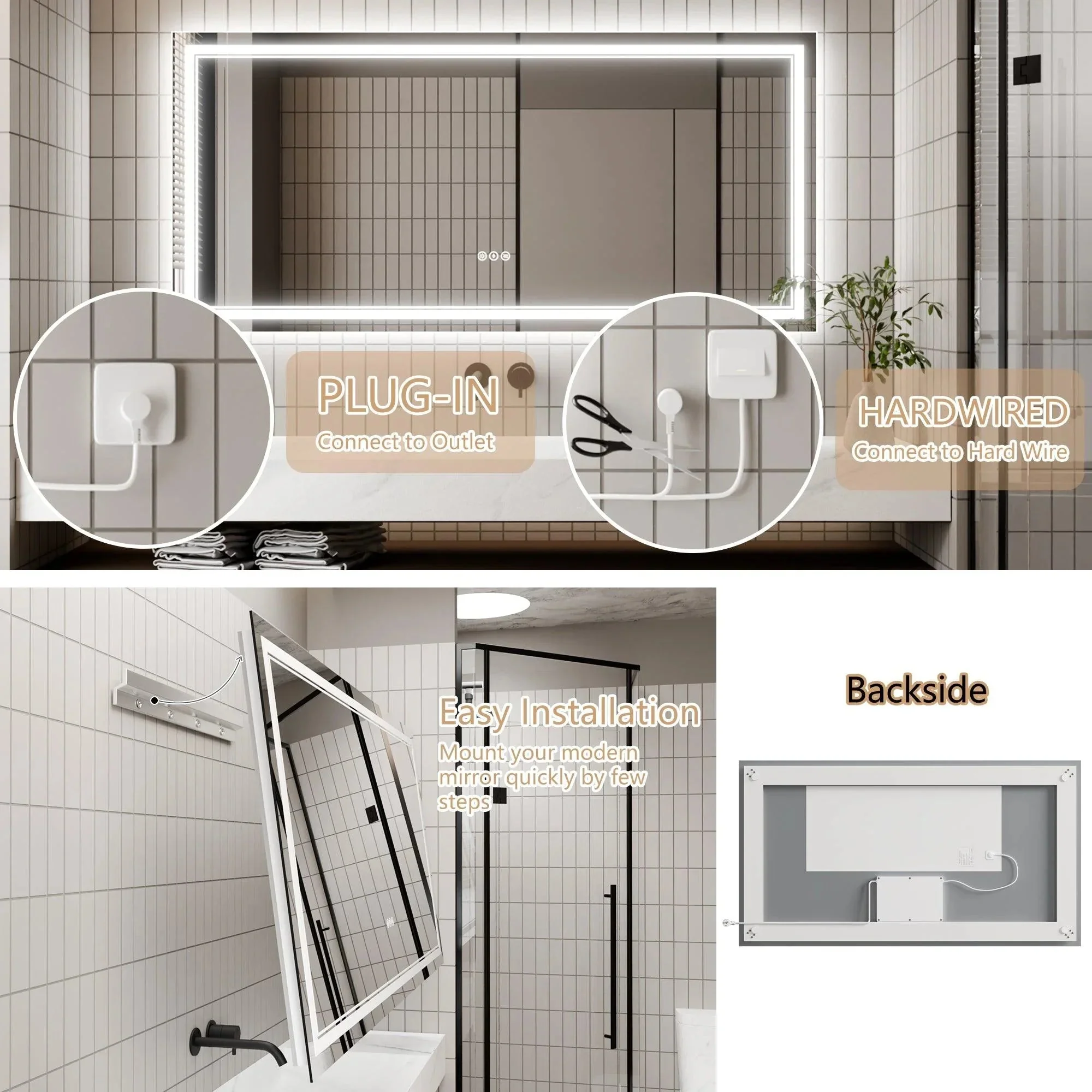 GlareGuard Anti-Fog Bathroom Dimmable Led Mirror Backlit Illuminated Mirror Touch Switch - Image 45