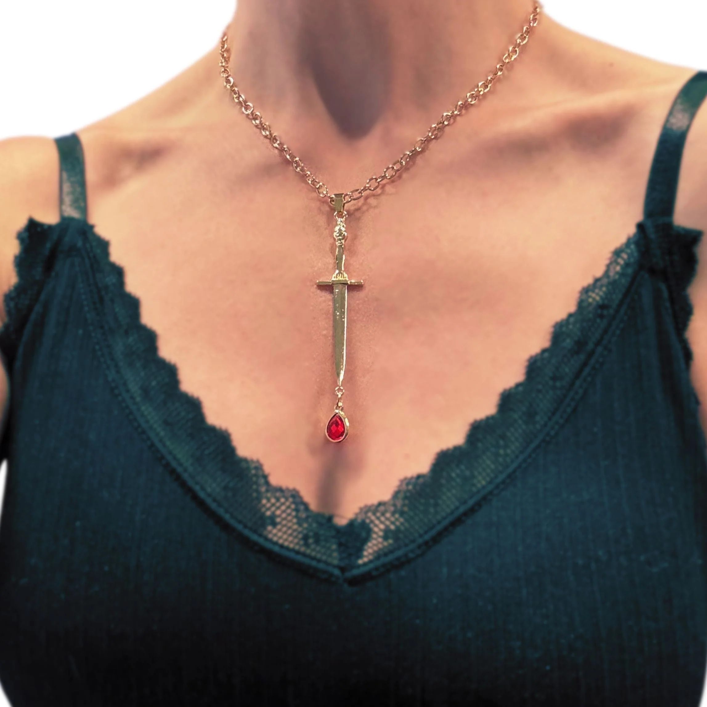 Gold Blood Drop Sword Necklace | Edgy Gothic Pendant on Adjustable Chain - Image 2