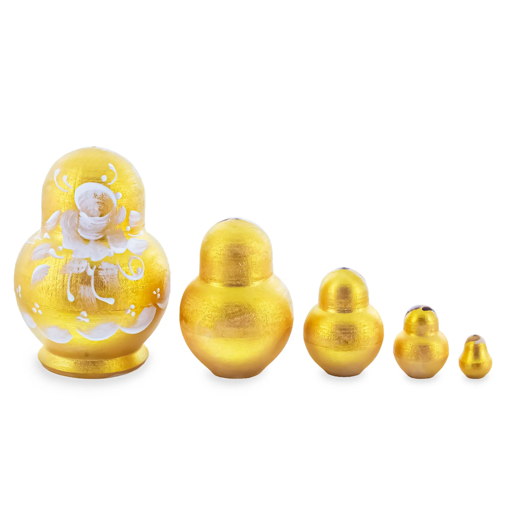 Gold Color with White Flowers Pink Wooden  Nesting Dolls - Image 2