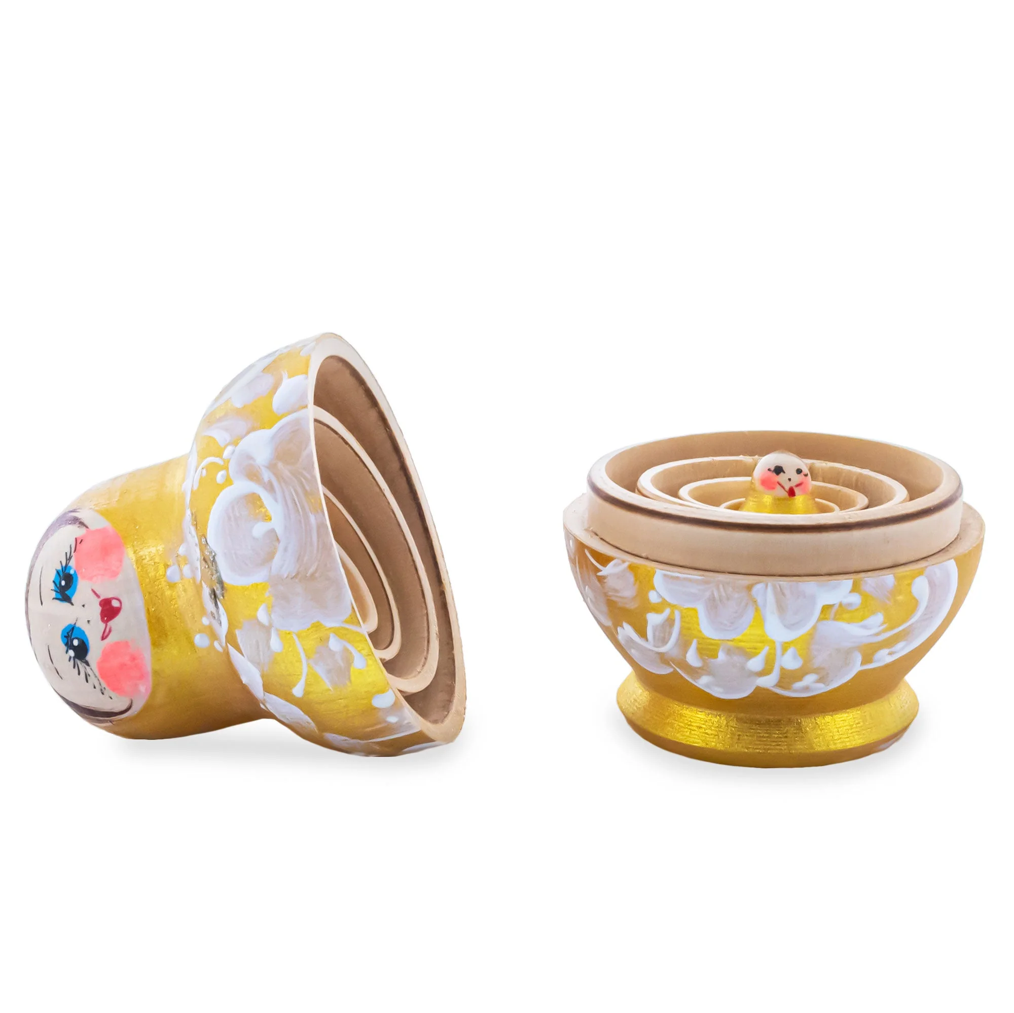 Gold Color with White Flowers Pink Wooden  Nesting Dolls - Image 3
