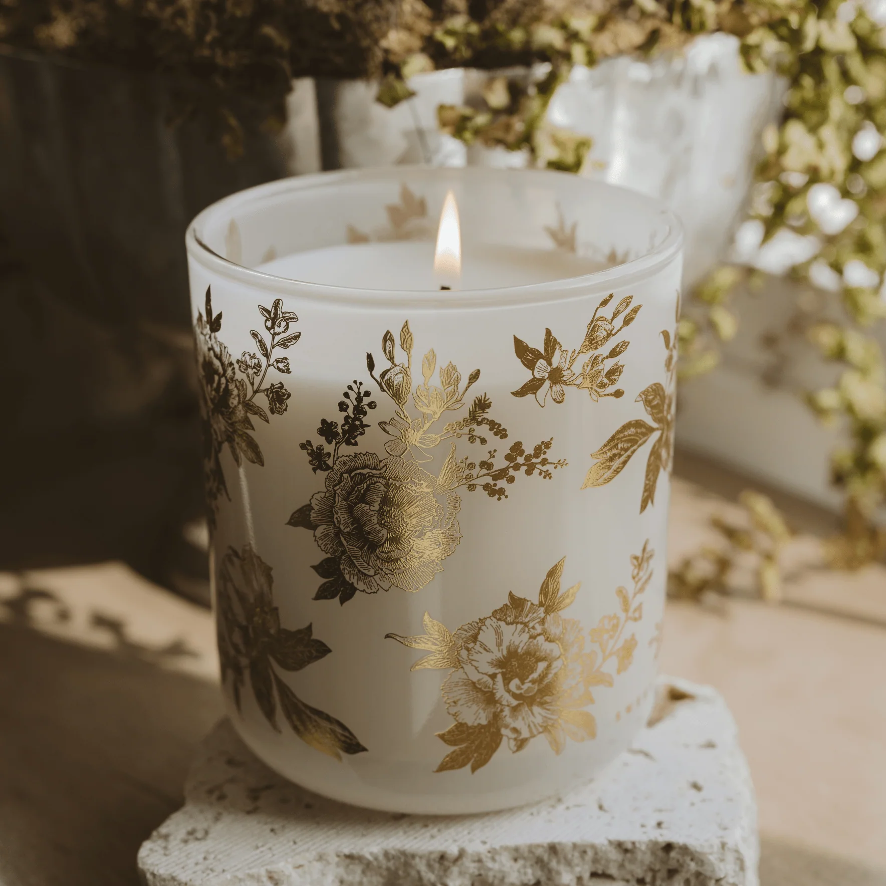 Gold Floral Soy Candle - White Translucent Tinted Glass Jar - 12 oz (Fresh Apple Blossom) - Image 2