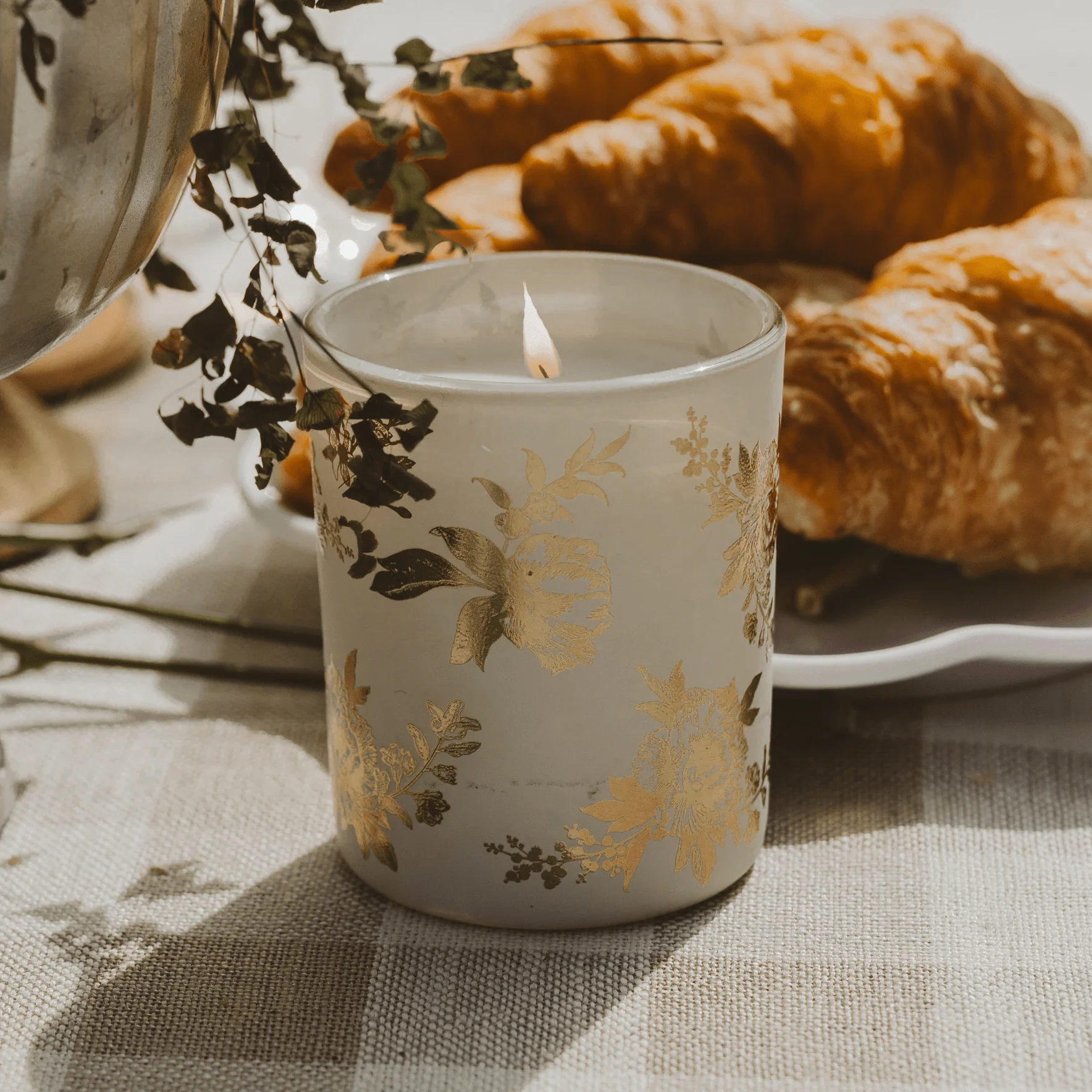 Gold Floral Soy Candle - White Translucent Tinted Glass Jar - 12 oz (Fresh Apple Blossom) - Image 3