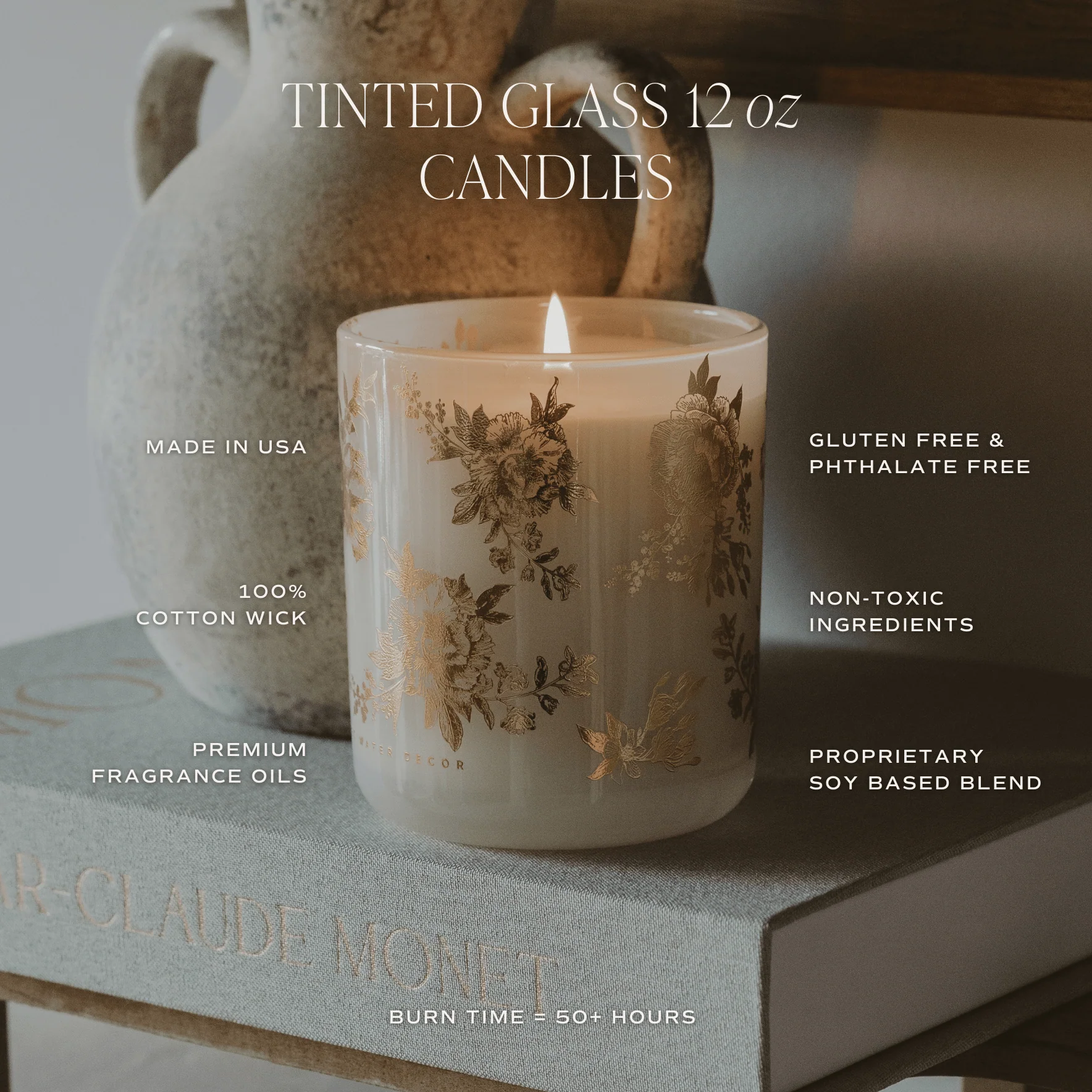 Gold Floral Soy Candle - White Translucent Tinted Glass Jar - 12 oz (Fresh Apple Blossom) - Image 5
