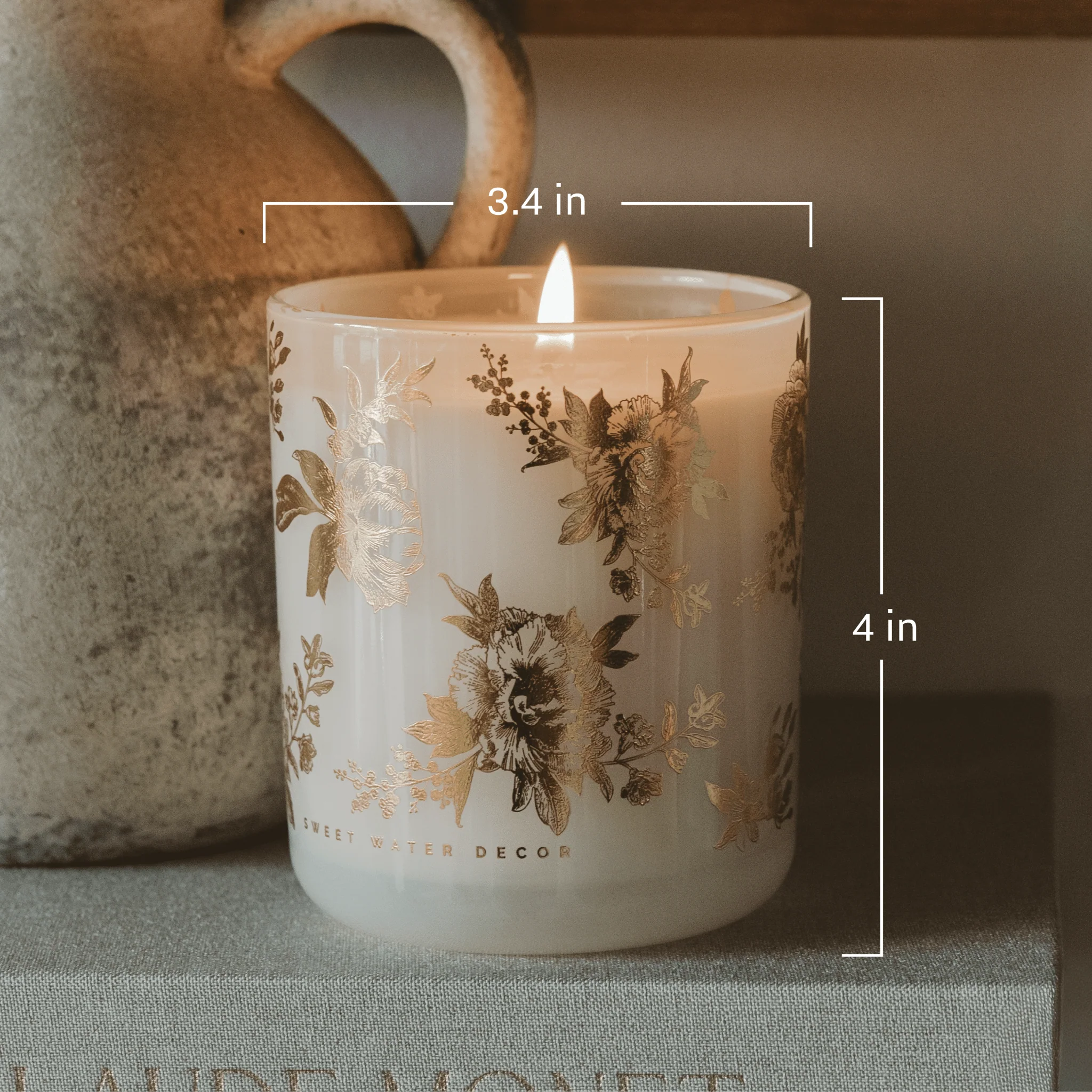 Gold Floral Soy Candle - White Translucent Tinted Glass Jar - 12 oz (Fresh Apple Blossom) - Image 6
