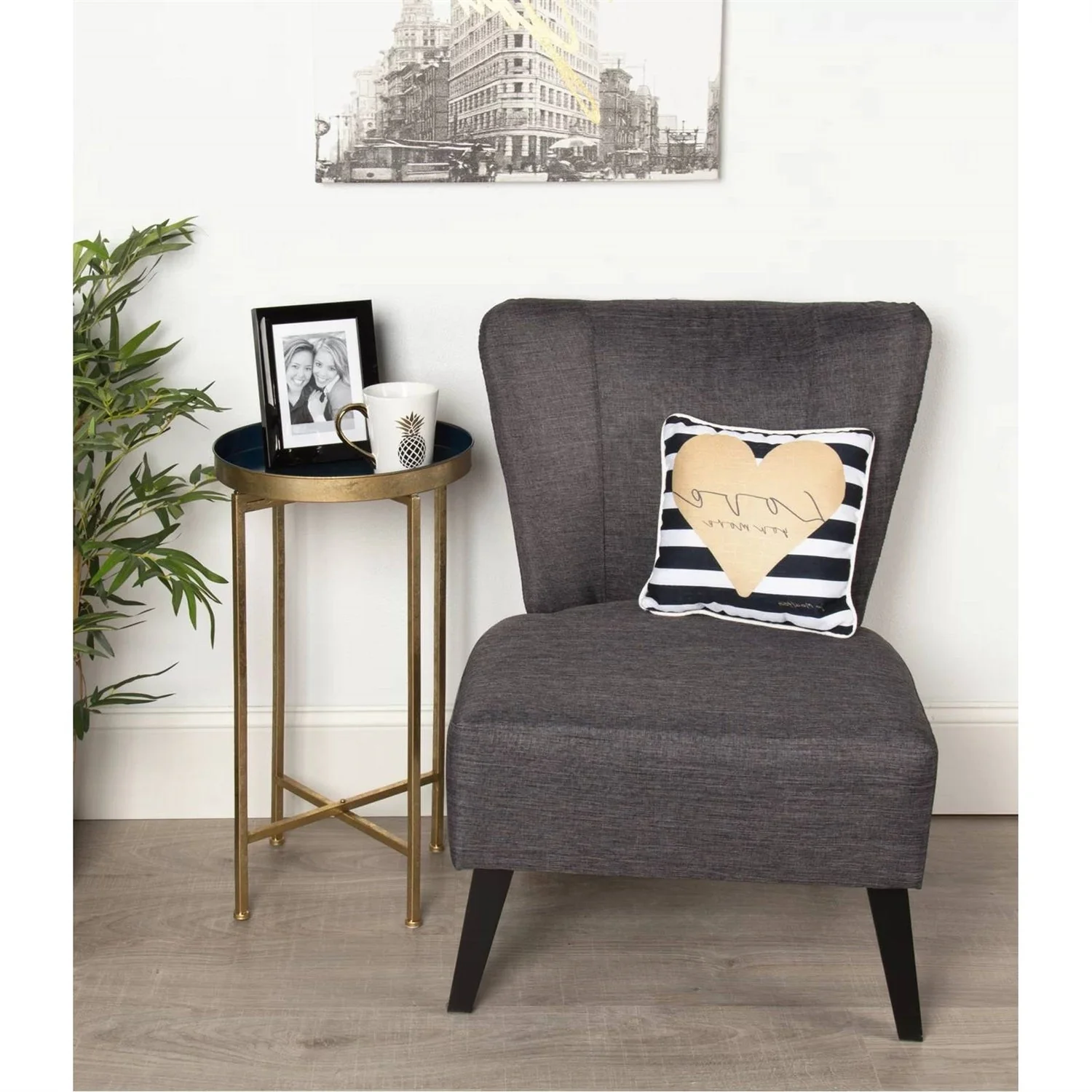Gold Finish Metal Round End Table Nightstand with  Removable Navy Blue Tray Top - Image 2