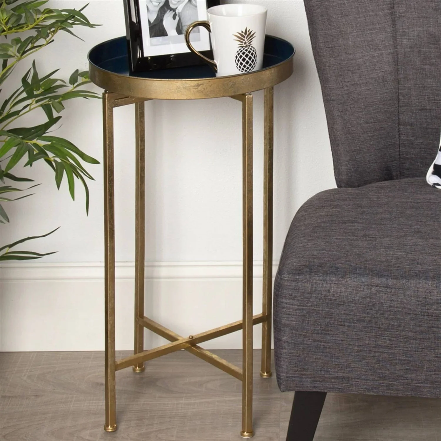 Gold Finish Metal Round End Table Nightstand with  Removable Navy Blue Tray Top - Image 3