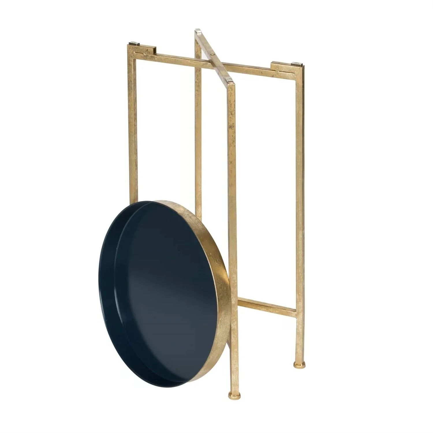 Gold Finish Metal Round End Table Nightstand with  Removable Navy Blue Tray Top - Image 4