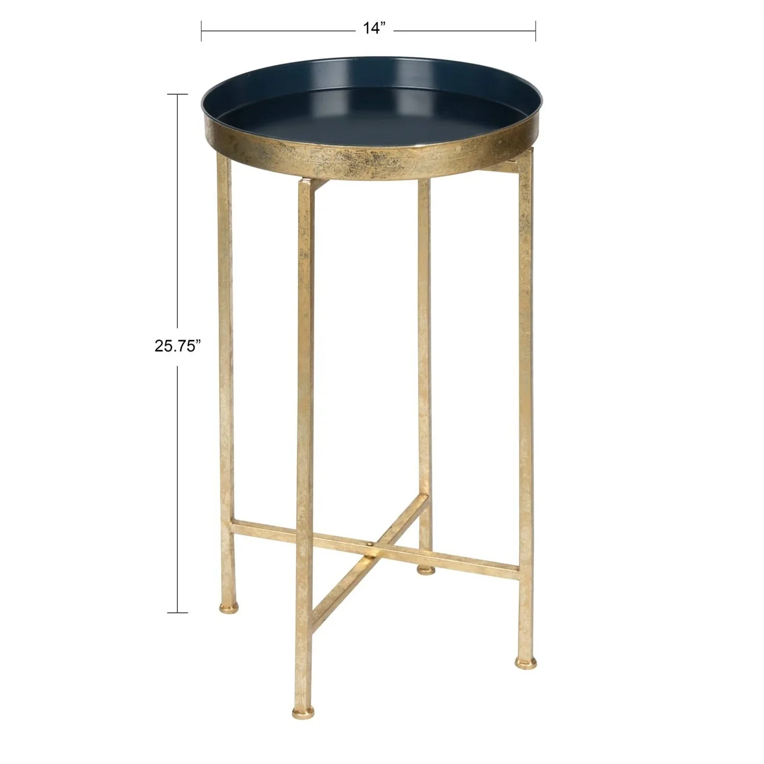 Gold Finish Metal Round End Table Nightstand with  Removable Navy Blue Tray Top - Image 5