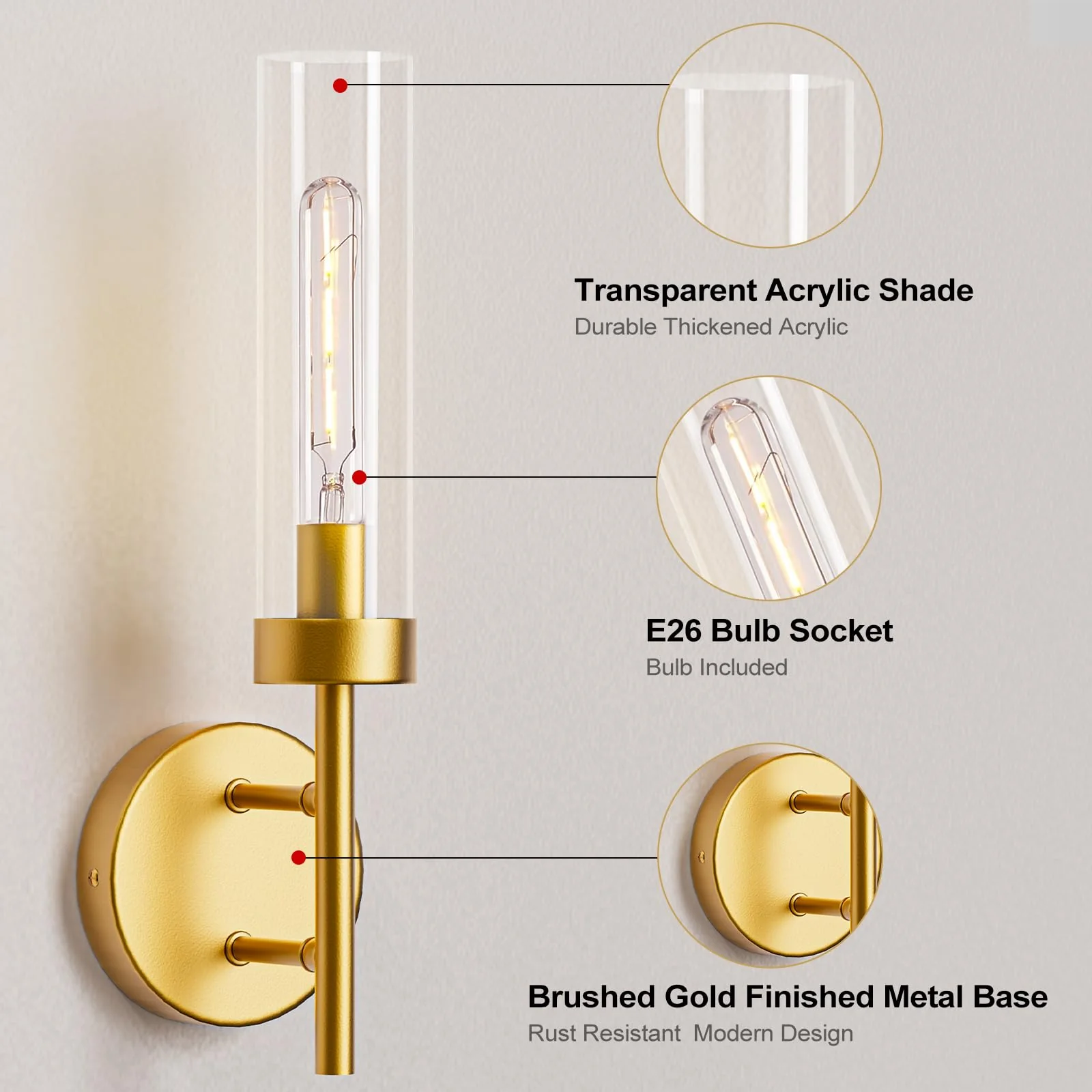 Gold Hardwired Wall Sconces Set of 2, Modern Bathroom Vanity Sconces Wall Lighting - Image 3