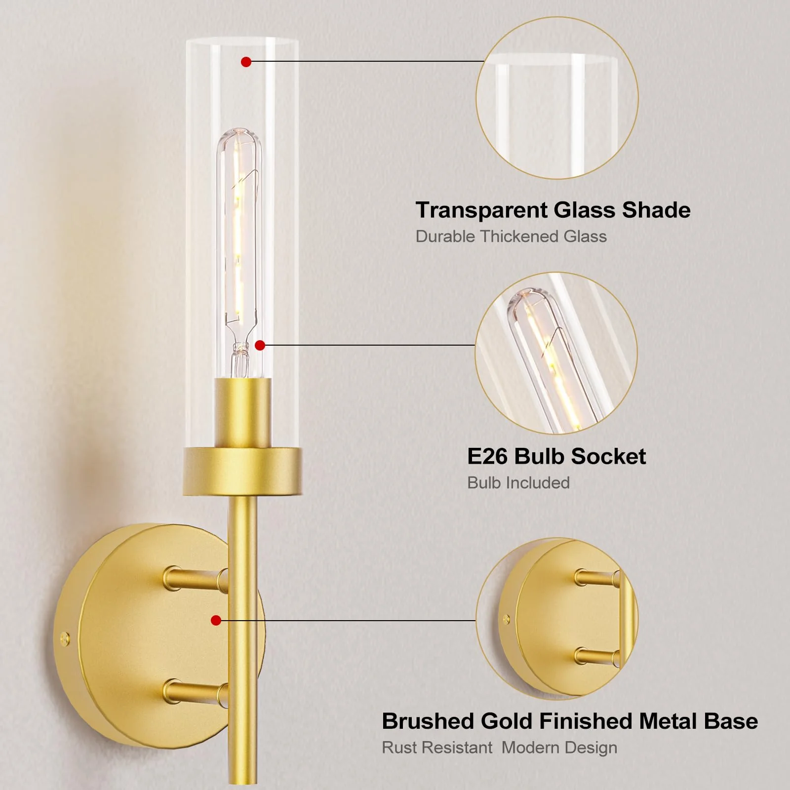 Gold Hardwired Wall Sconces Set of 2, Modern Bathroom Vanity Sconces Wall Lighting - Image 5