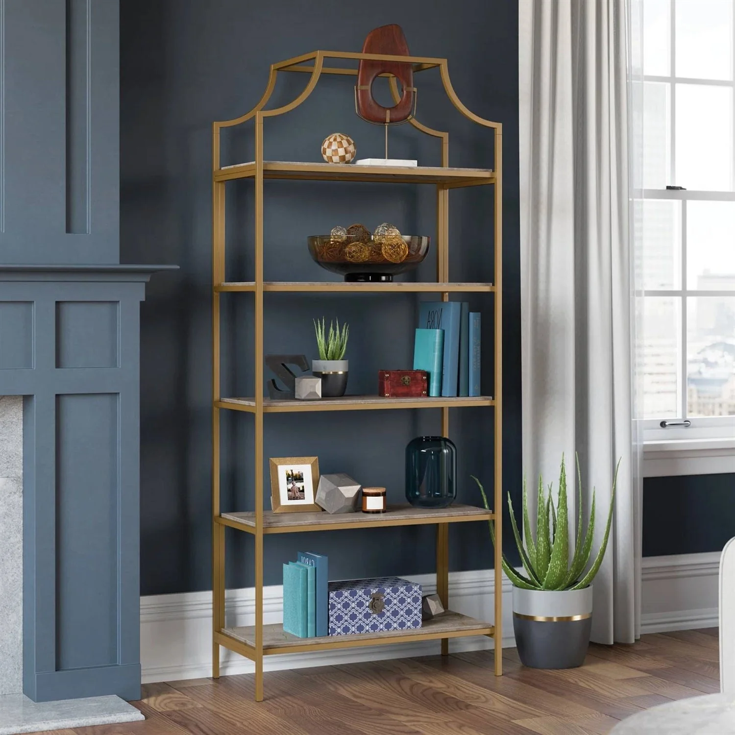 Gold Metal Display Rack Etagere Bookcase with 5 Faux Stone Storage Shelves - Image 2