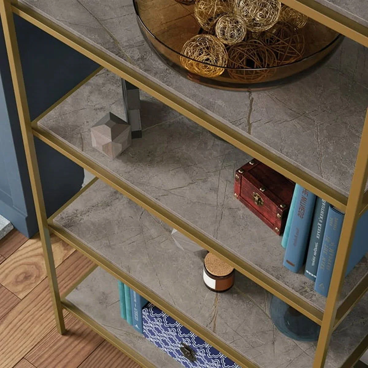 Gold Metal Display Rack Etagere Bookcase with 5 Faux Stone Storage Shelves - Image 3