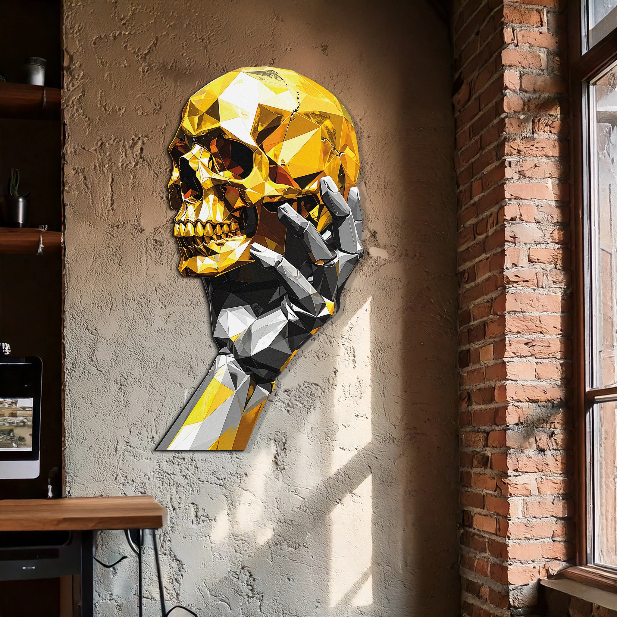 Gold Skull & Robot Hand Metal Wall Art – Futuristic UV Decor-KAFUVM013 - Image 2