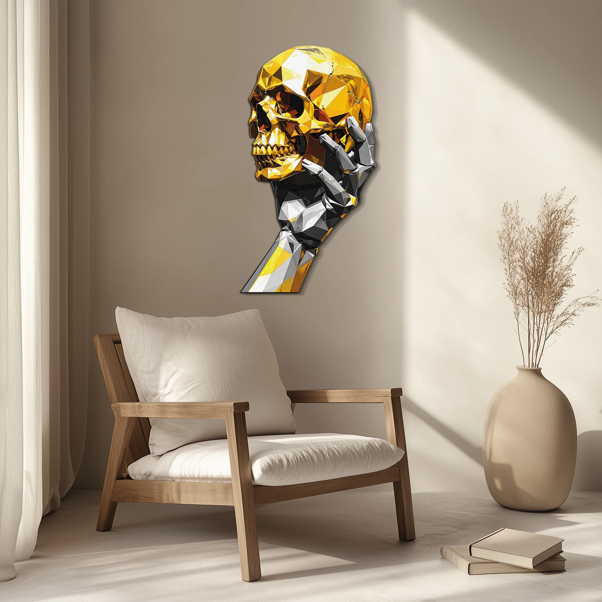 Gold Skull & Robot Hand Metal Wall Art – Futuristic UV Decor-KAFUVM013 - Image 5