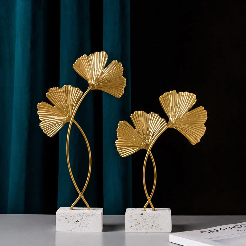 Golden Leaf Metal Sculpture on Wood Base – Ginkgo & Monstera - Image 2
