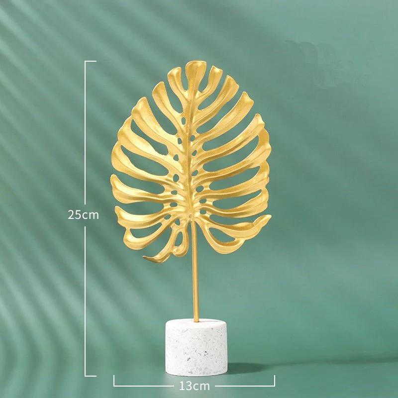 Golden Leaf Metal Sculpture on Wood Base – Ginkgo & Monstera - Image 3