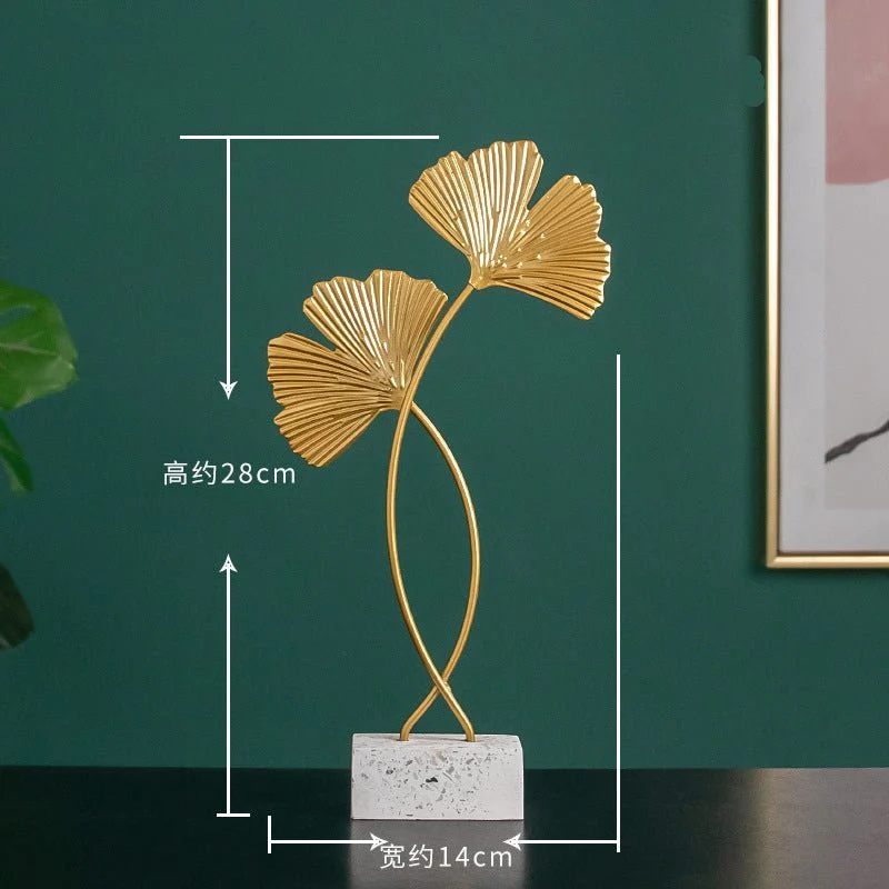 Golden Leaf Metal Sculpture on Wood Base – Ginkgo & Monstera - Image 4