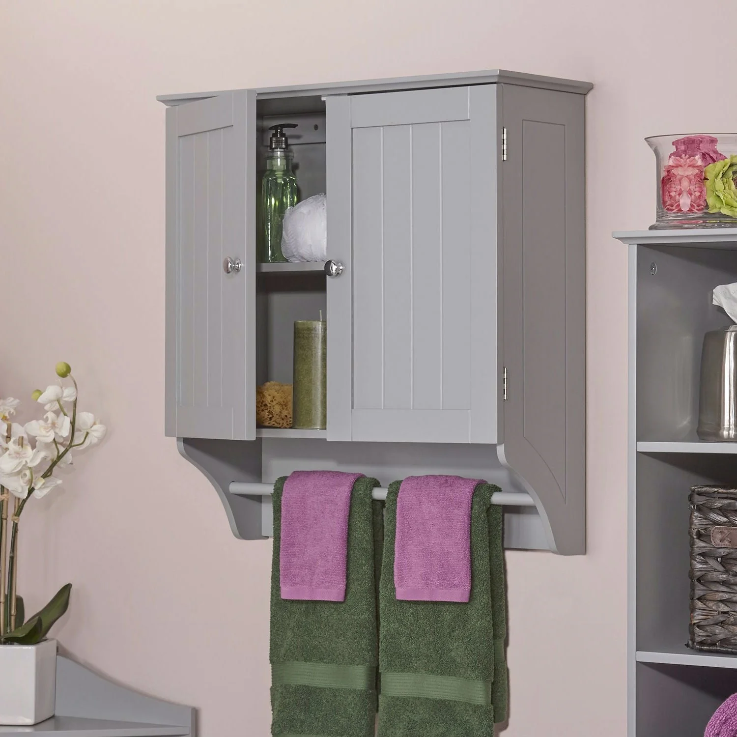 Gray 2-Door Bathroom Wall Cabinet with Towel Bar - Image 2